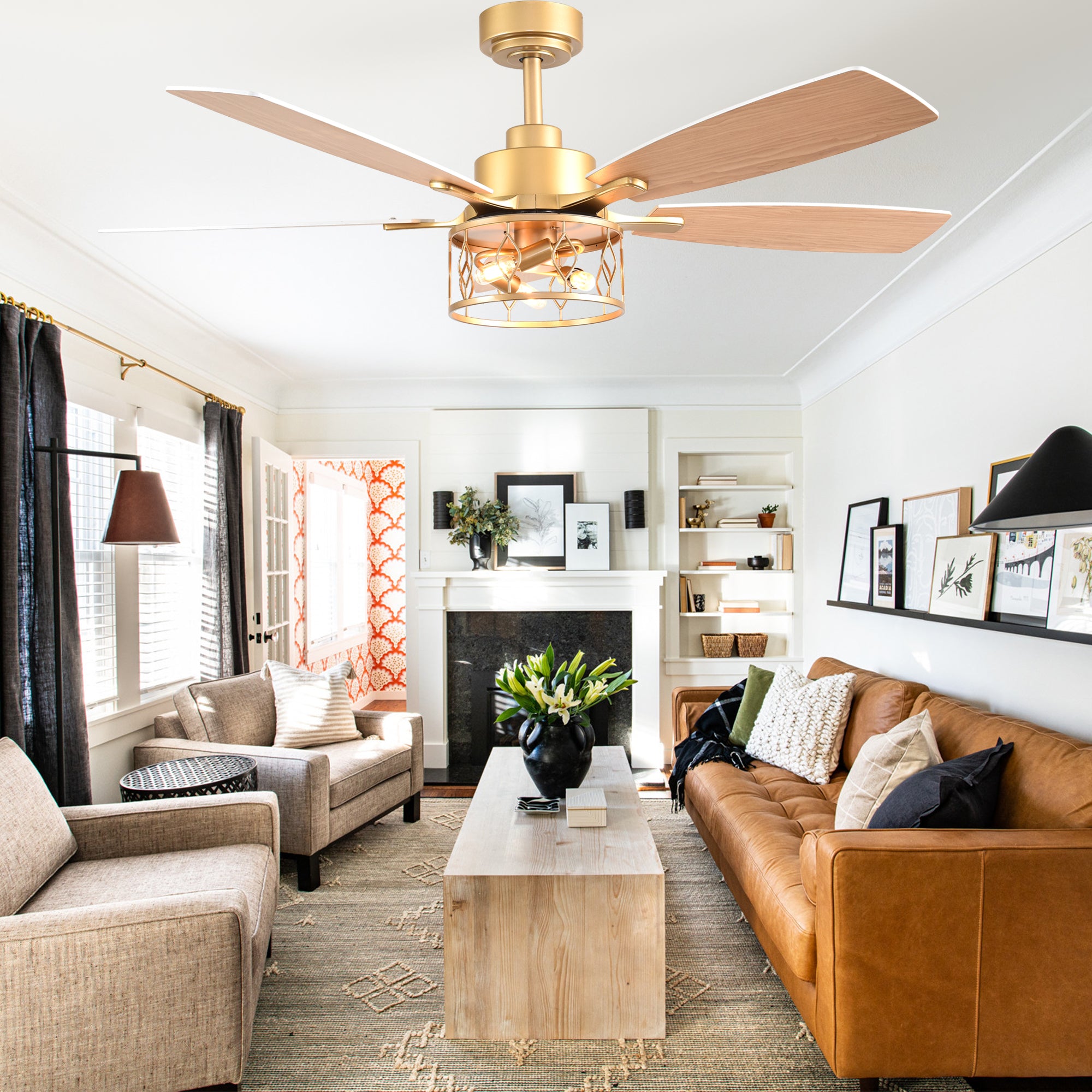 DC255201-G-BellaDepot 52" Golden Light Luxury Modern Style Ceiling Fan with Silver Blades, Remote-controlled 6 Speeds Fan with Lights for Large Room