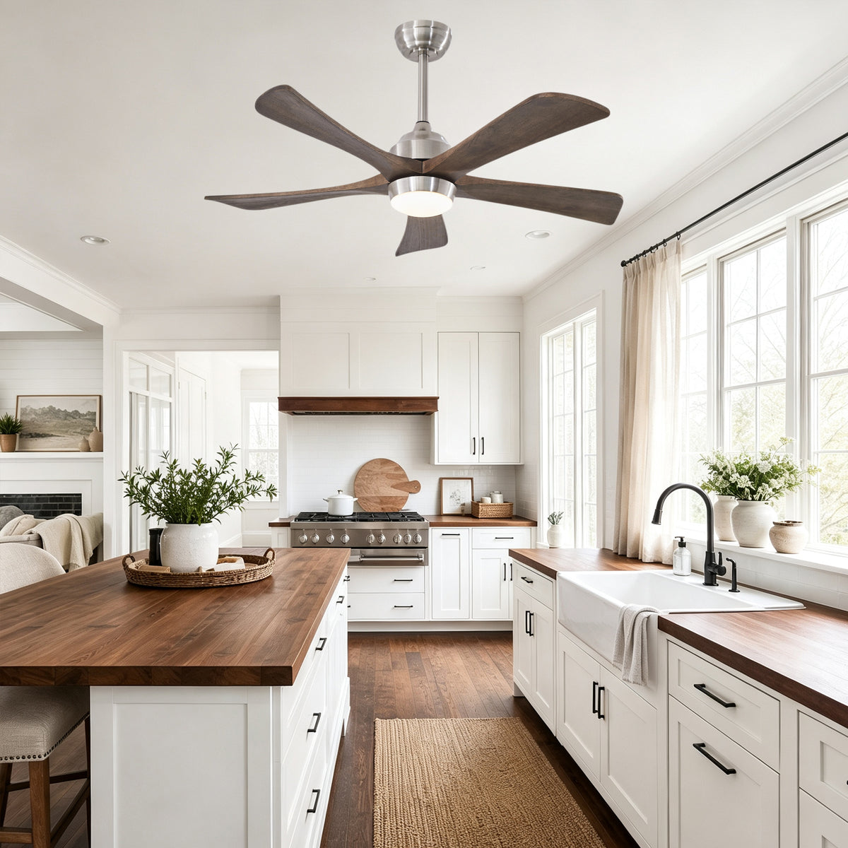 42 Inch Modern Farmhouse Stain Nickel Solid Wood Blade Ceiling Fan with Lights & Remote Control, 6 Speed DC Motor Reversible Ceiling Fan
