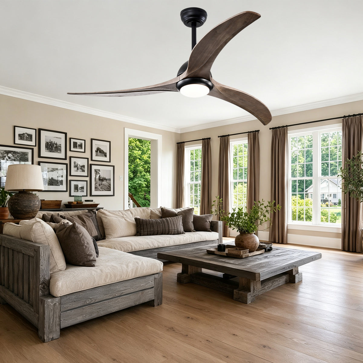 52 Inch Modern Farmhouse Matte Black Solid Wood Blade Ceiling Fan with Lights & Remote Control, 6 Speed DC Motor Reversible Ceiling Fan