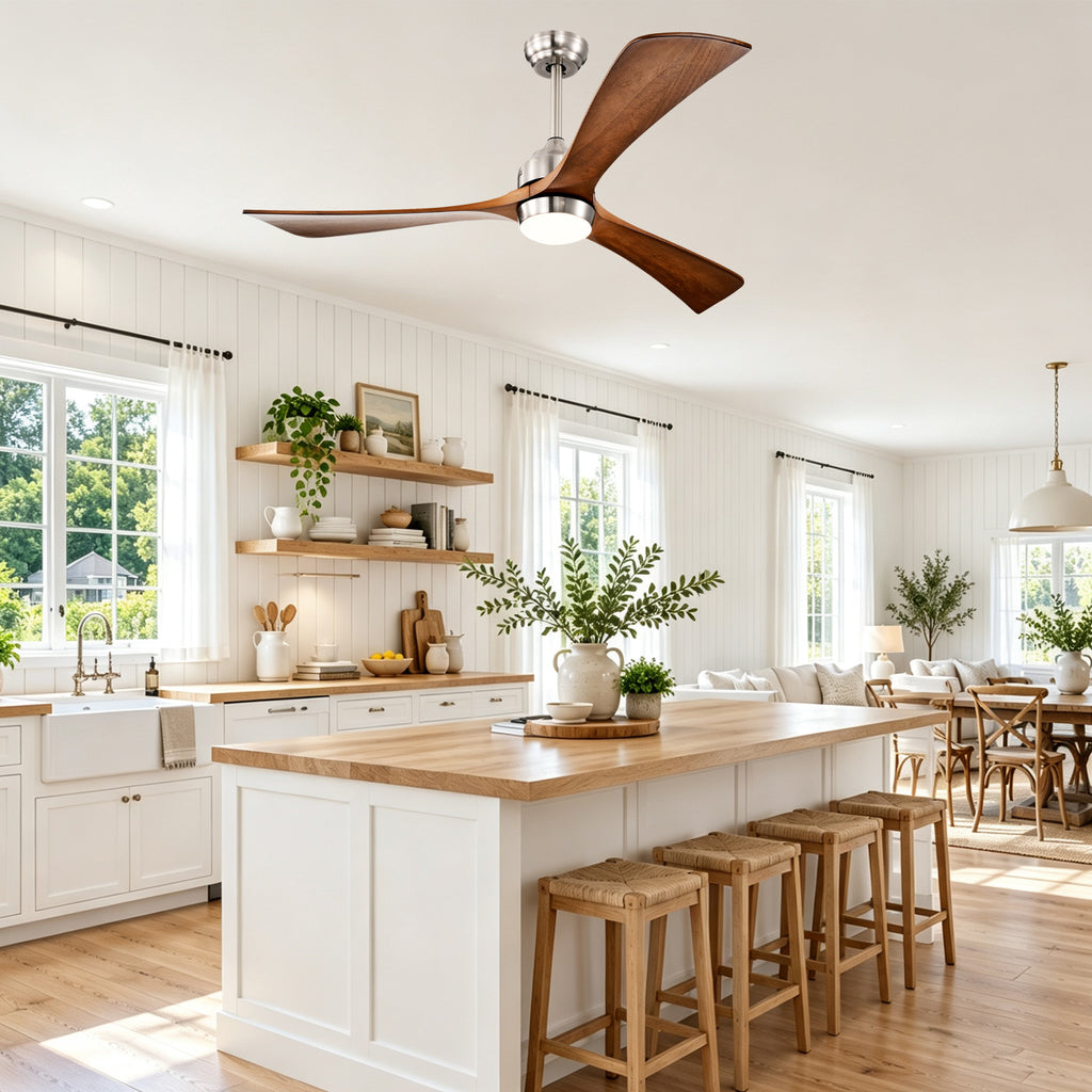 52 Inch Modern Farmhouse Stain Nickel Solid Wood Blade Ceiling Fan with Lights & Remote Control, 6 Speed DC Motor Reversible Ceiling Fan