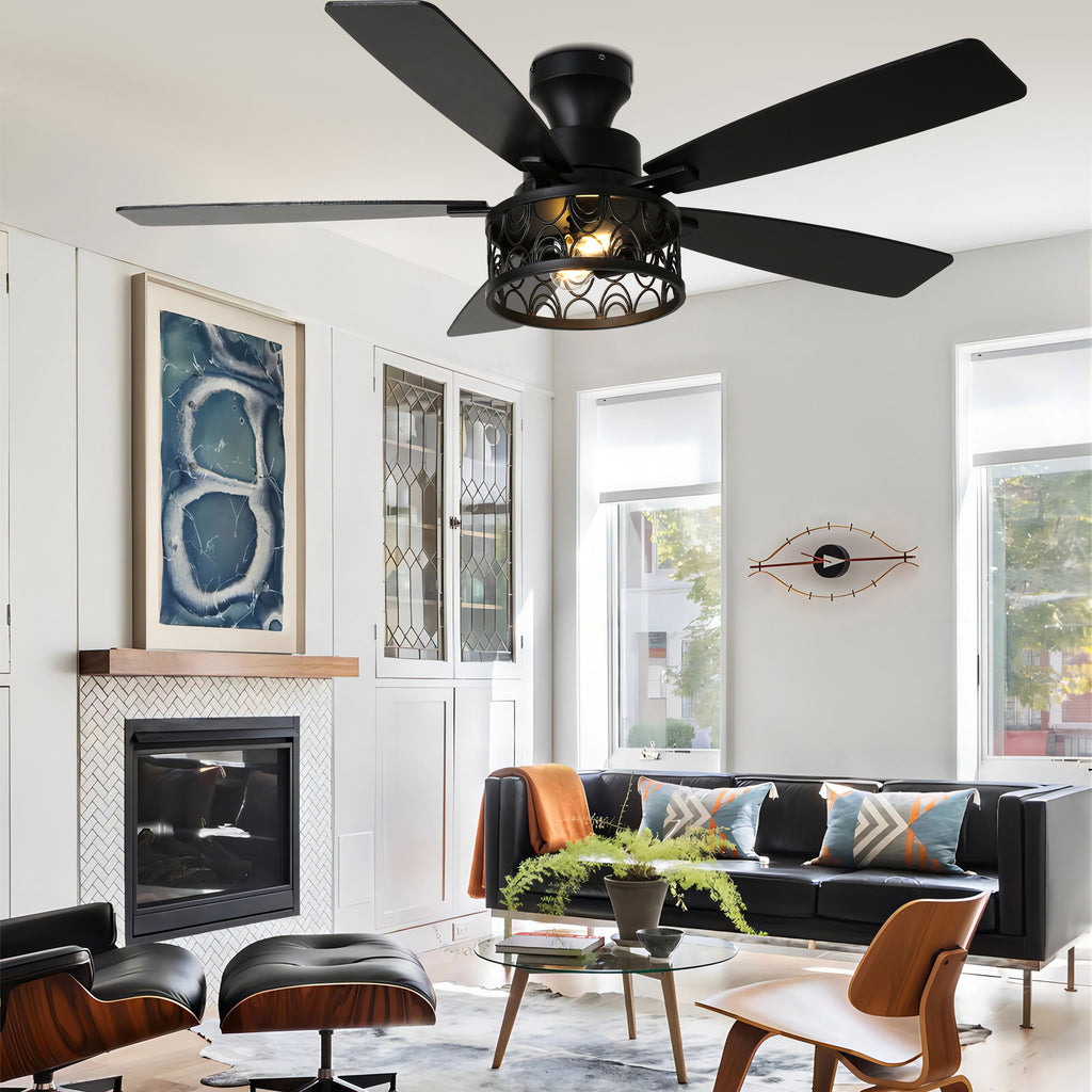52 Inch Industrial Flush Mount Ceiling Fan with Lights and Remote Control, 6 Speeds Reversible Caged Ceiling Fan for Low Profile
