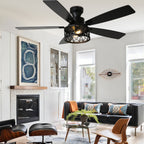 52 Inch Industrial Flush Mount Ceiling Fan with Lights and Remote Control, 6 Speeds Reversible Caged Ceiling Fan for Low Profile