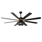 DC6501-BellaDepot 65" 8 Wooden Blades Black/Silver Finish Industrial Caged Reversible Ceiling Fan with Remote and 3 Lights, Large Size 6-speed Ceiling Fan
