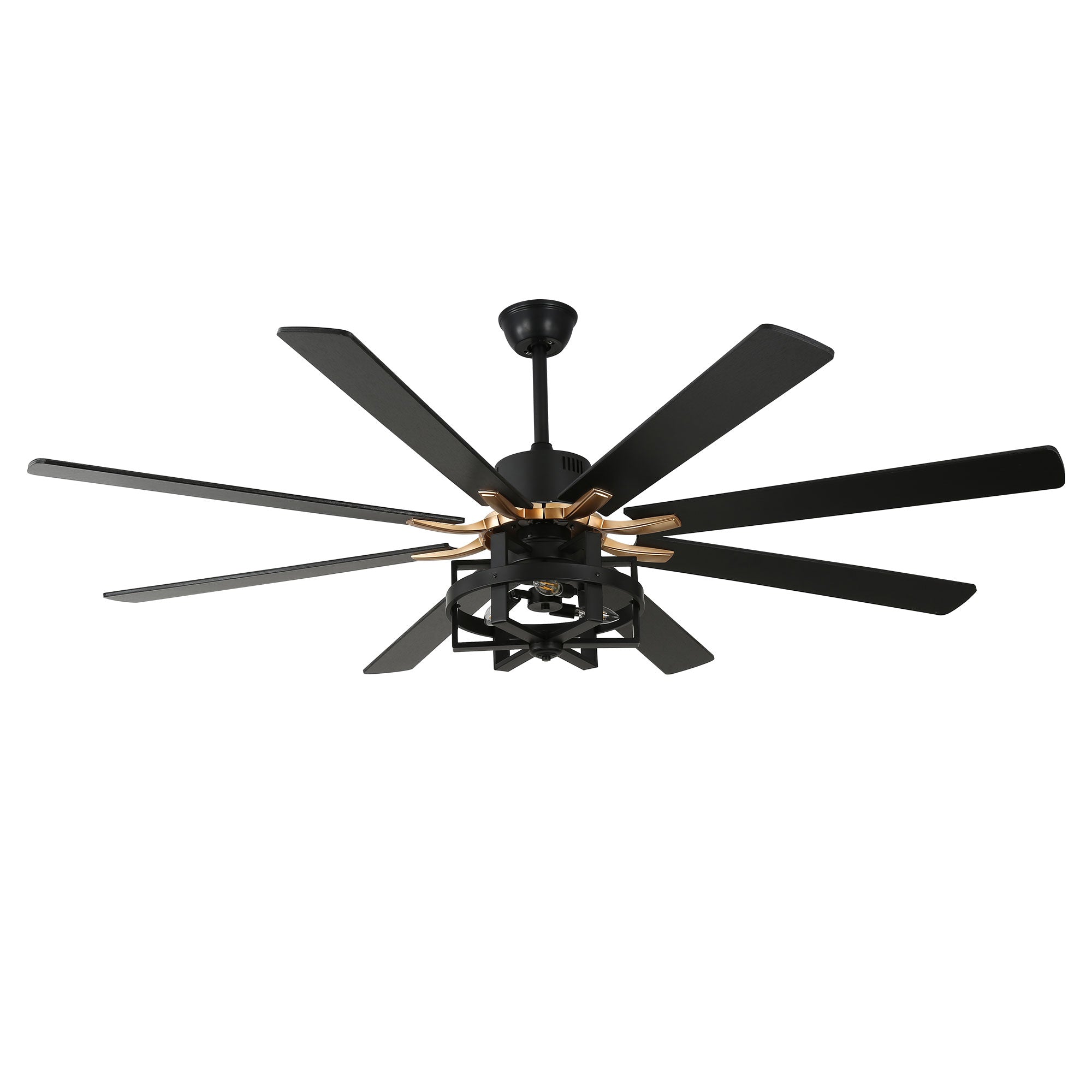 DC6501-BellaDepot 65" 8 Wooden Blades Black/Silver Finish Industrial Caged Reversible Ceiling Fan with Remote and 3 Lights, Large Size 6-speed Ceiling Fan