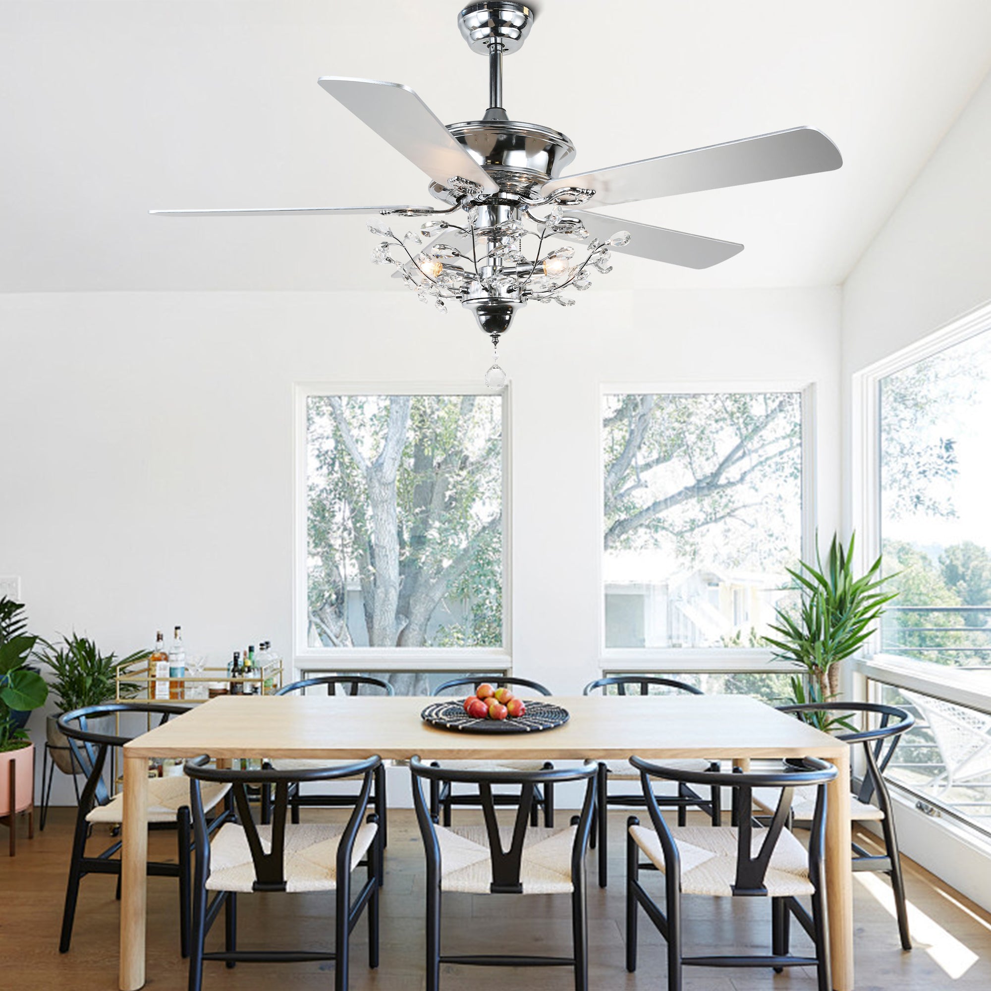 52 Inch Black/Chrome Modern Luxury Cryatal Ceiling Fan with Lights and Remote, 6 Speeds DC Motor Reversible Chandelier Ceiling Fans