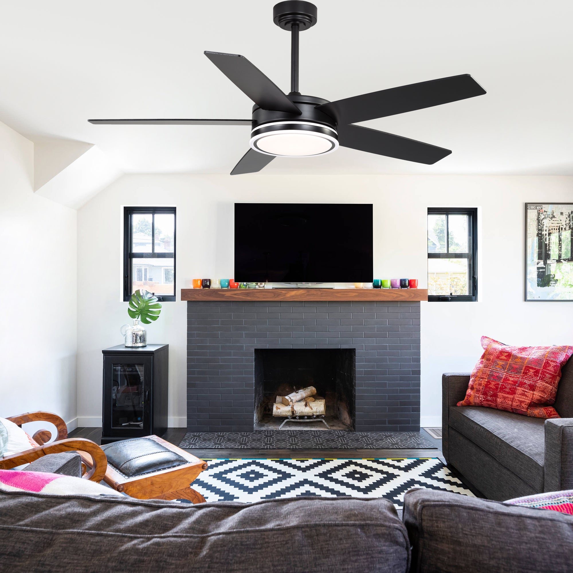 DC5225-B/C-BellaDepot 52" Modern Contemporary Black or Chrome LED Ceiling Fan with Remote Control and Lights, Reversible 6 Speeds Ceiling Fan for All Seasons