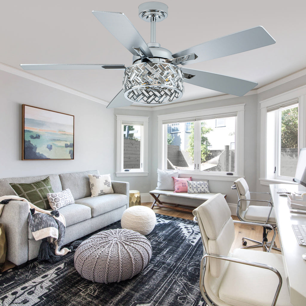 52 Inch Chrome Modern Luxury Crystal Ceiling Fan with Lights and Remote Control, 6 Speeds DC Motor Ceiling Fan