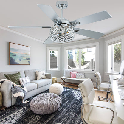 BellaDepot 52" Luxury Crystal Caged Chrome Ceiling Fan with Remote Control, 6 Speeds Ceiling Fan with Lights for Living Room- DC5228-MD