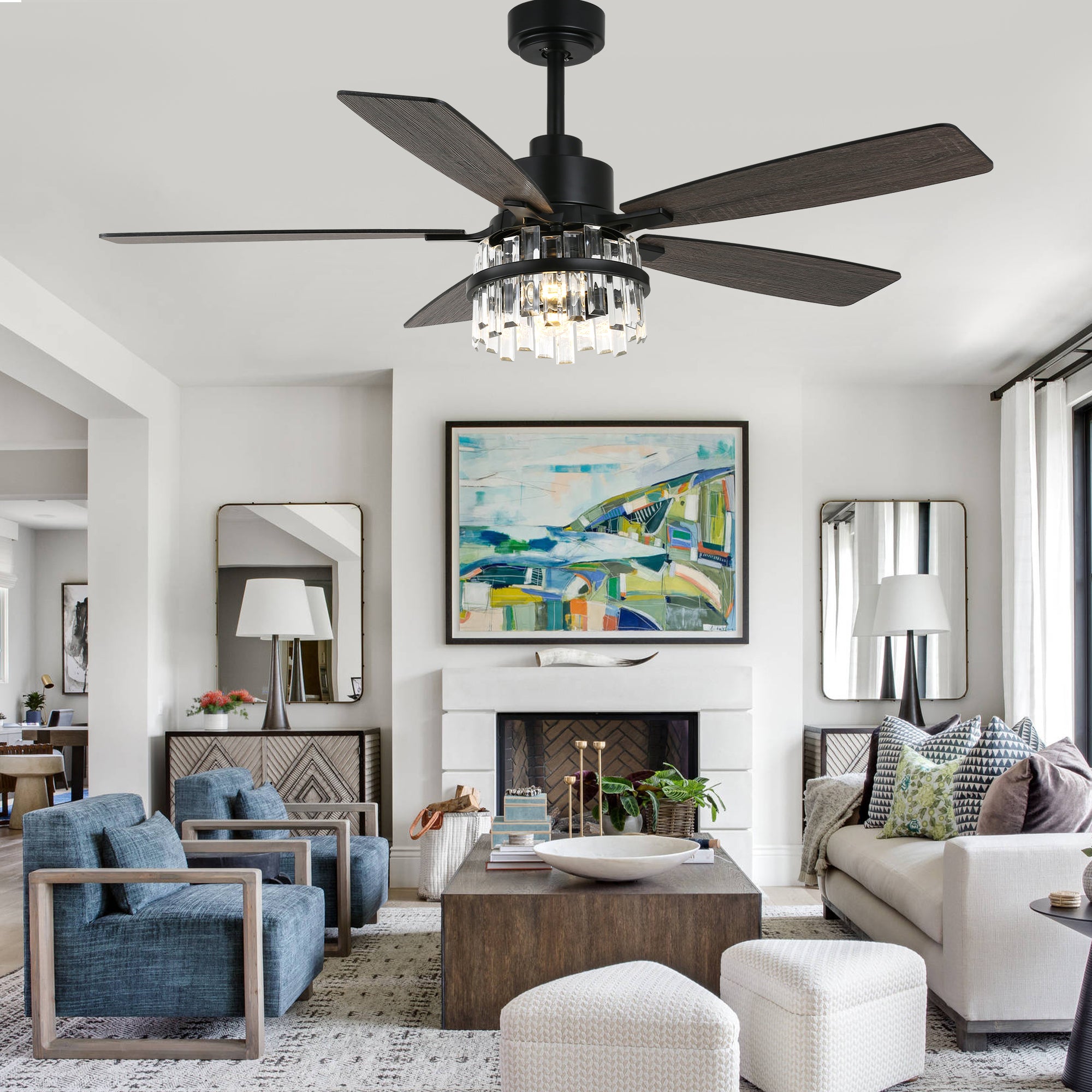 52 Inch Modern Glam Crystal Ceiling Fan with Light and Remote, 6-Speed Reversible DC Motor Large Ceiling Fan for Living Room