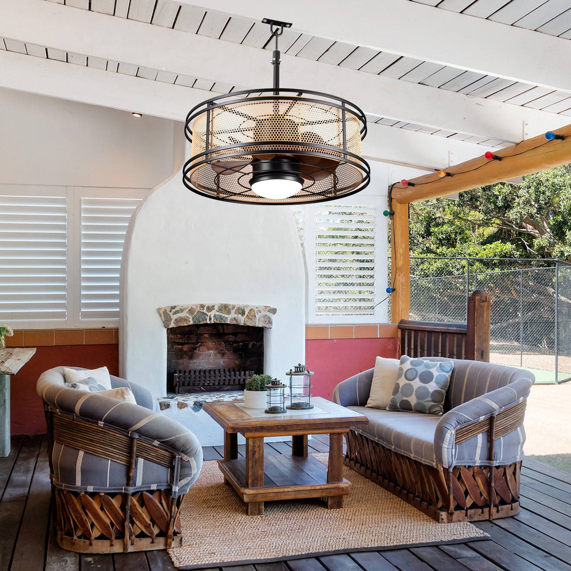 HW2307-BellaDepot 23.6" Imitation Rattan Outdoor Ceiling Fan with Remote and LED Lights, DC Motor 6 Speeds Ceiling Fan