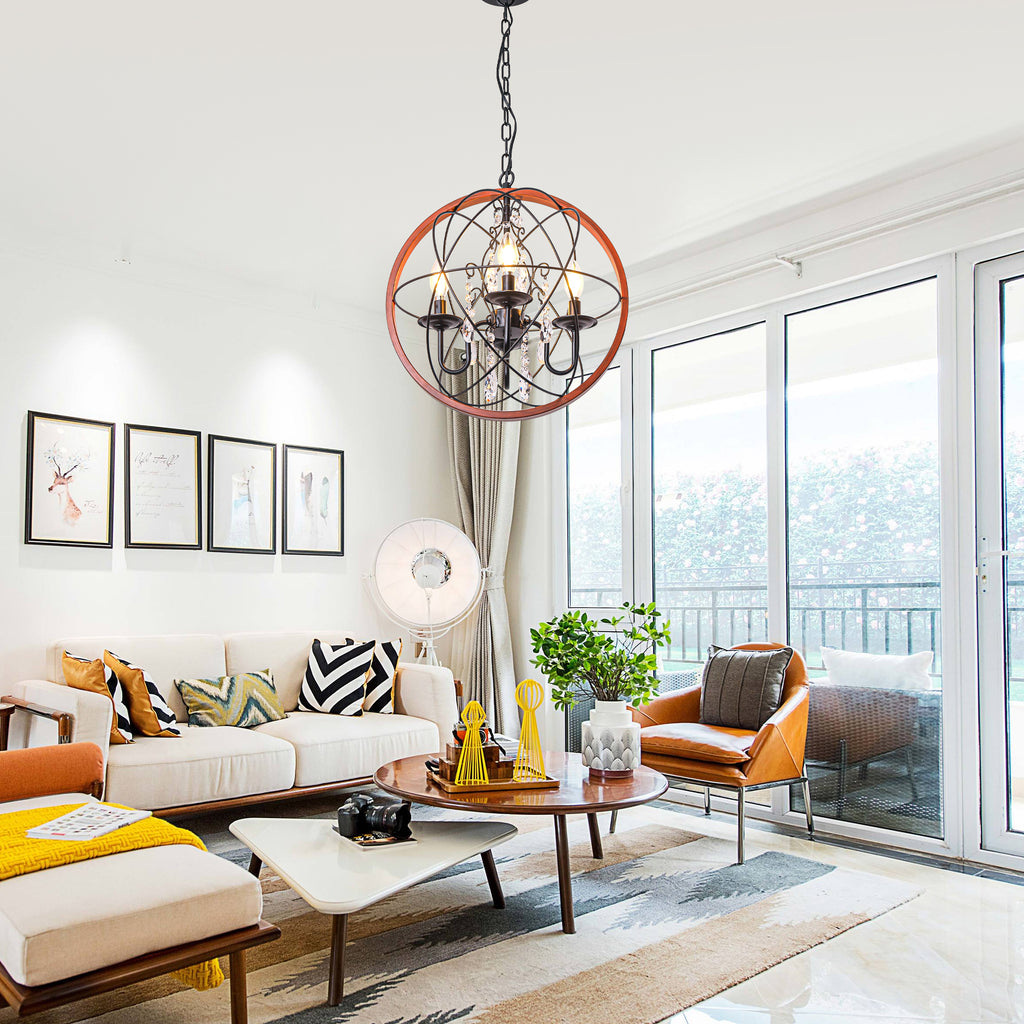 4-Light Crystal Sphere Chandelier, 16.5" Orb Globe Chandelier with Wood Grain Ring, Modern Crystal Chandeliers for Entryway