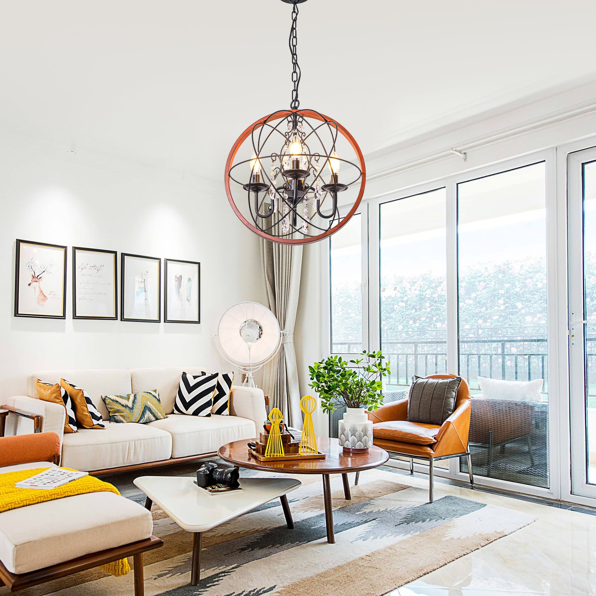 4-Light Crystal Sphere Chandelier, 16.5" Orb Globe Chandelier with Wood Grain Ring, Modern Crystal Chandeliers for Entryway