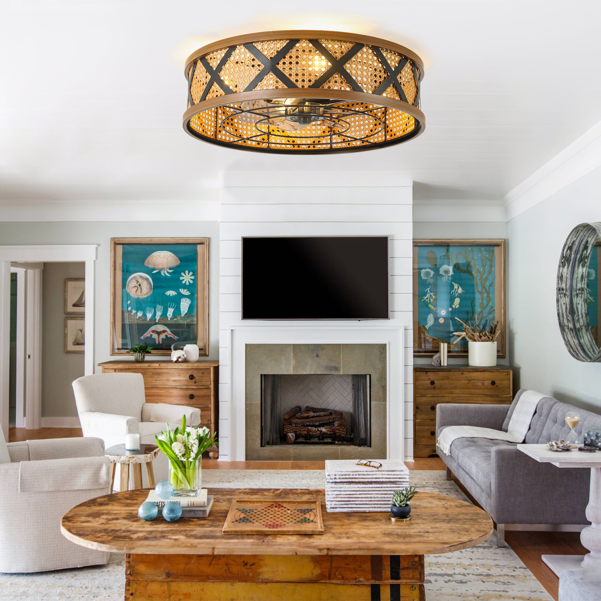 23 Inch Bohemian Rattan Flush Mount Ceiling Fan with Lights and Remote, 6 Speeds DC Motor Farmhouse Low Profile Bladeless Ceiling Fan