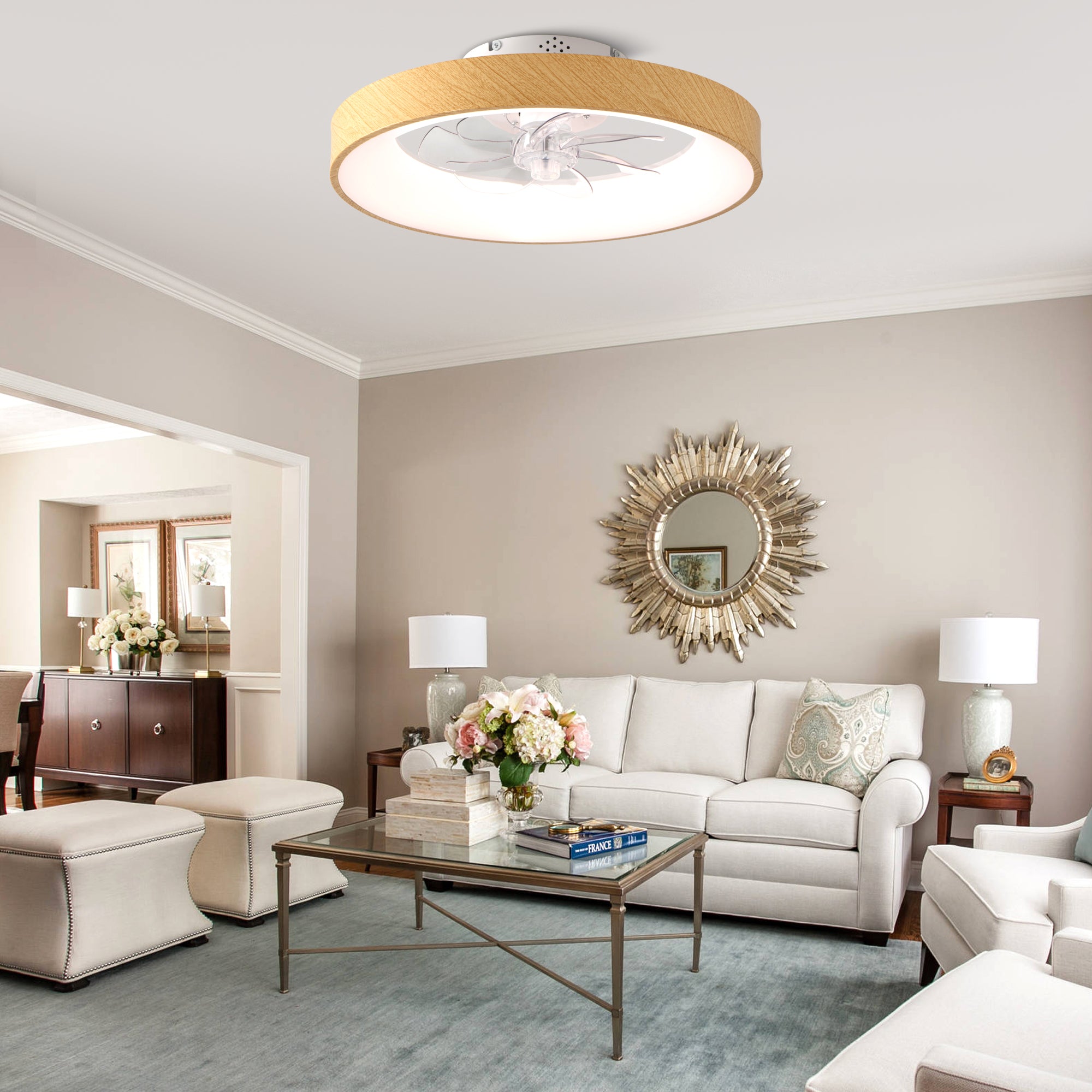 20 Inch Modern Smart Flush Mount Ceiling Fan with Dimmable LED Light, 6-Speed DC Motor Bladeless Ceiling Fan with Remote