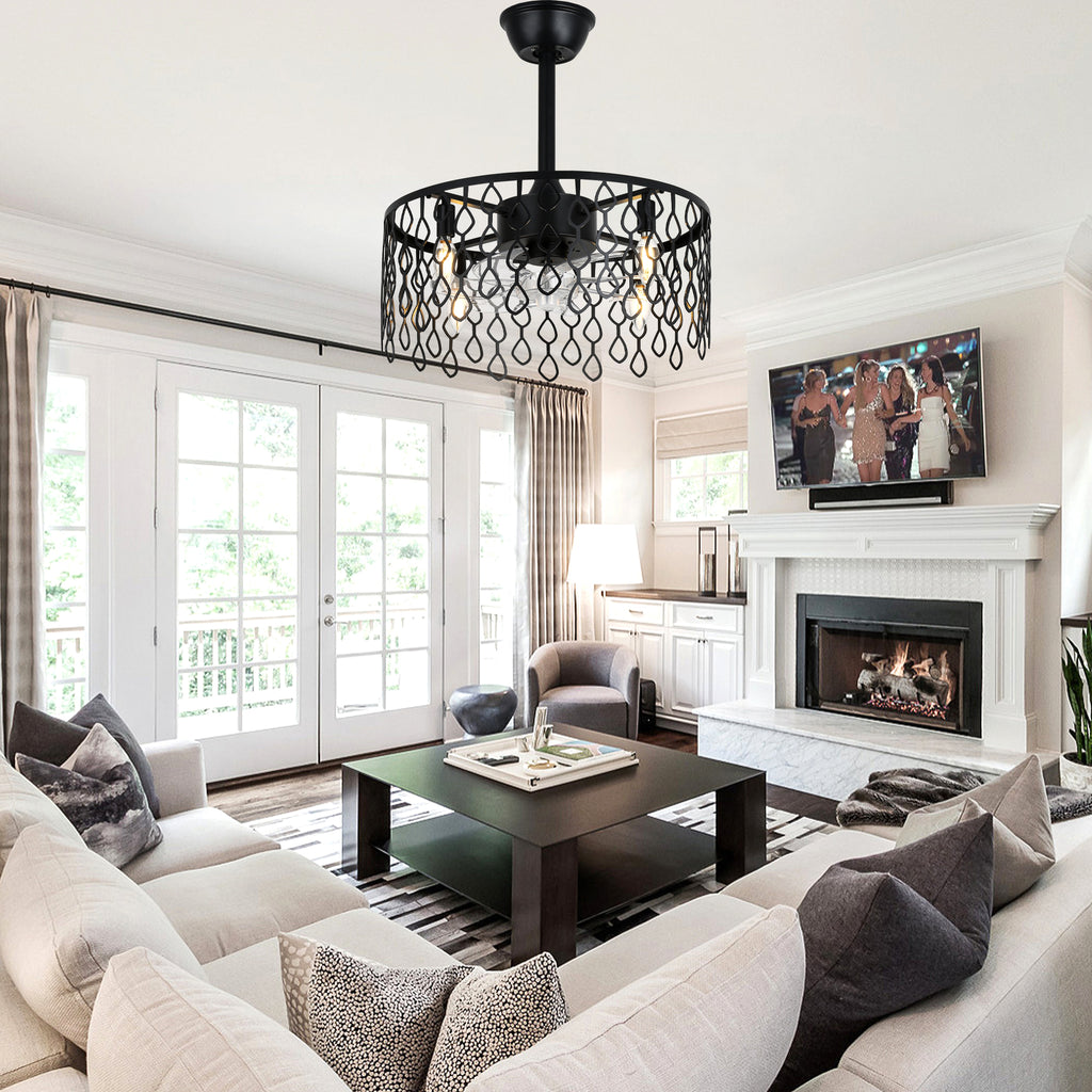 19 Inch Modern Black Drum Caged Ceiling Fan with Lights and Remote, 6 Speeds DC Motor Reversible Bladeless Fandelier Ceiling Fan