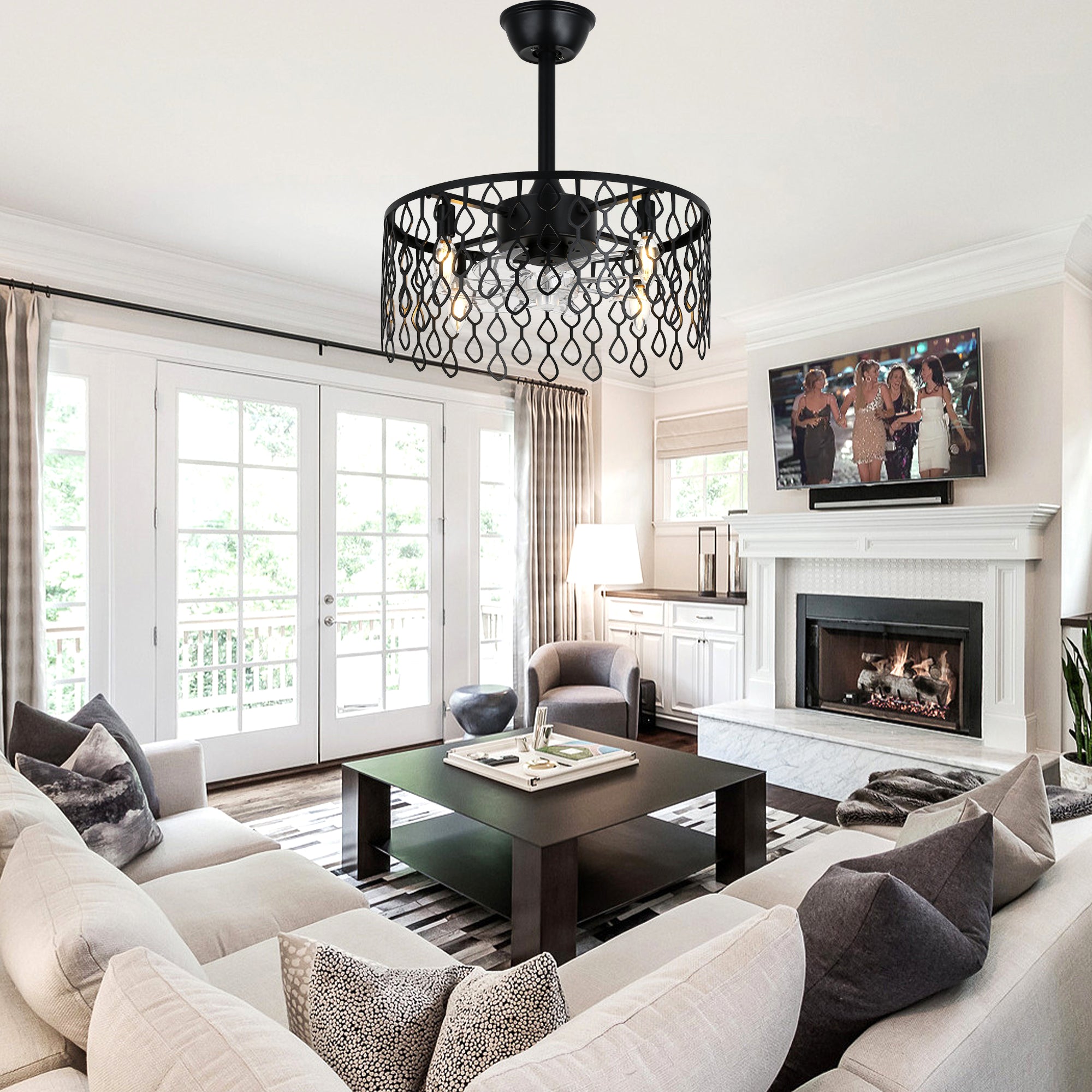 19 Inch Modern Black Drum Caged Ceiling Fan with Lights and Remote, 6 Speeds DC Motor Reversible Bladeless Fandelier Ceiling Fan