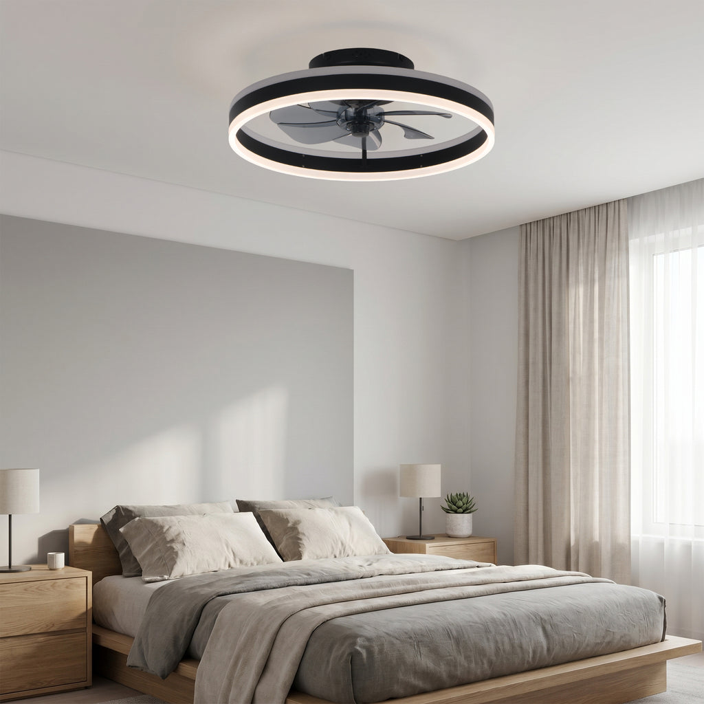 20 Inch Modern Smart Flush Mount Ceiling Fan with Dimmable LED Light and Remote, 6 Speeds DC Motor Reversible Bladeless Celing Fan for Bedroom