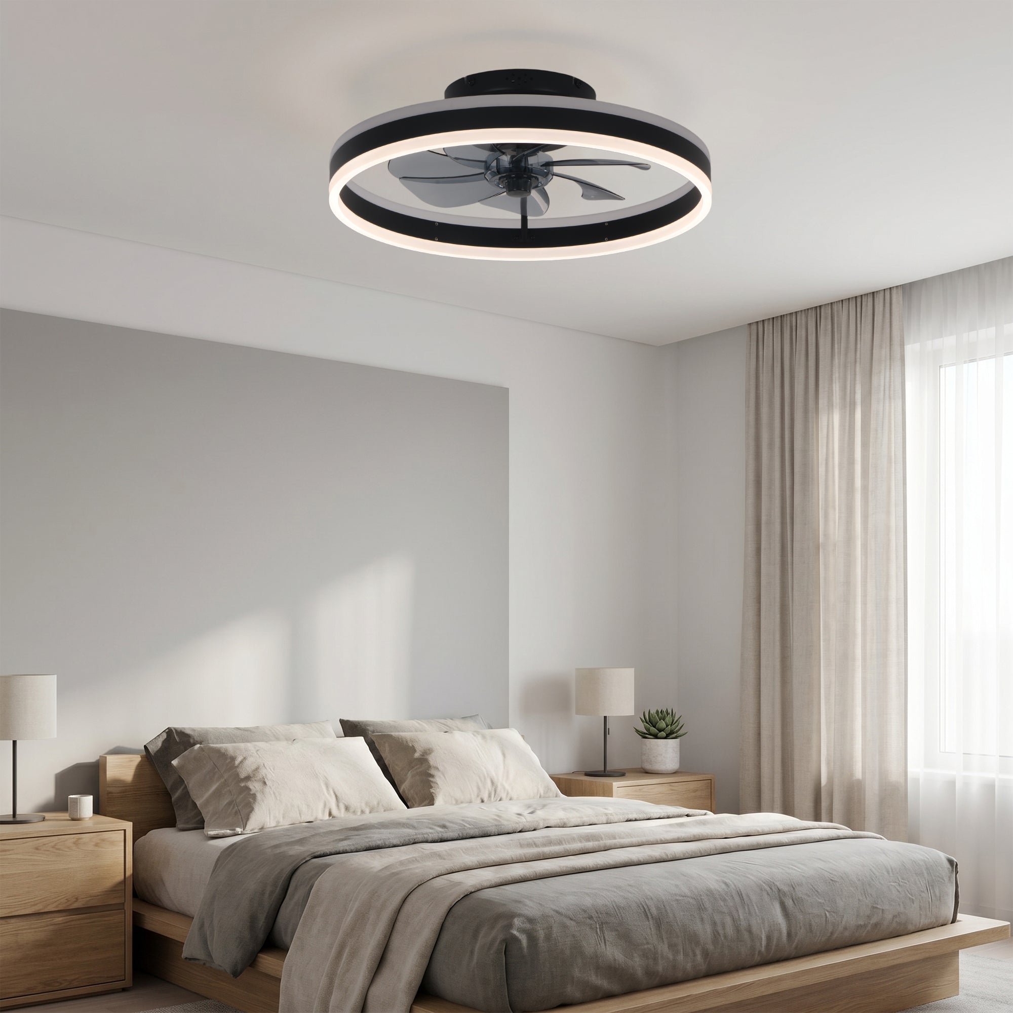 20 Inch Modern Smart Flush Mount Ceiling Fan with Dimmable LED Light and Remote, 6 Speeds DC Motor Reversible Bladeless Celing Fan for Bedroom