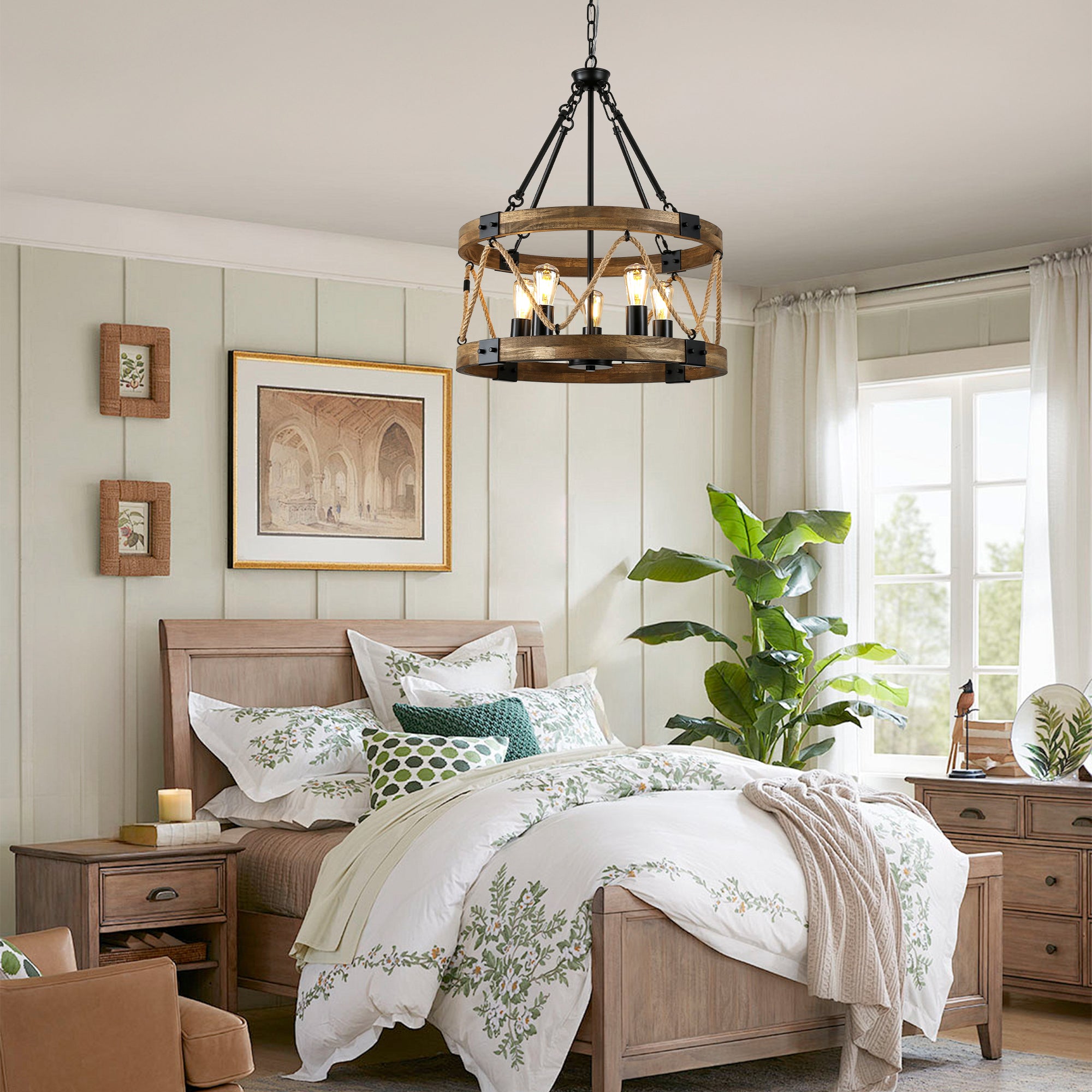 FC4116-BellaDepot 5 Lights Geometric Wood Chandelier, Height Adjustable Home Decoration Pendant Light