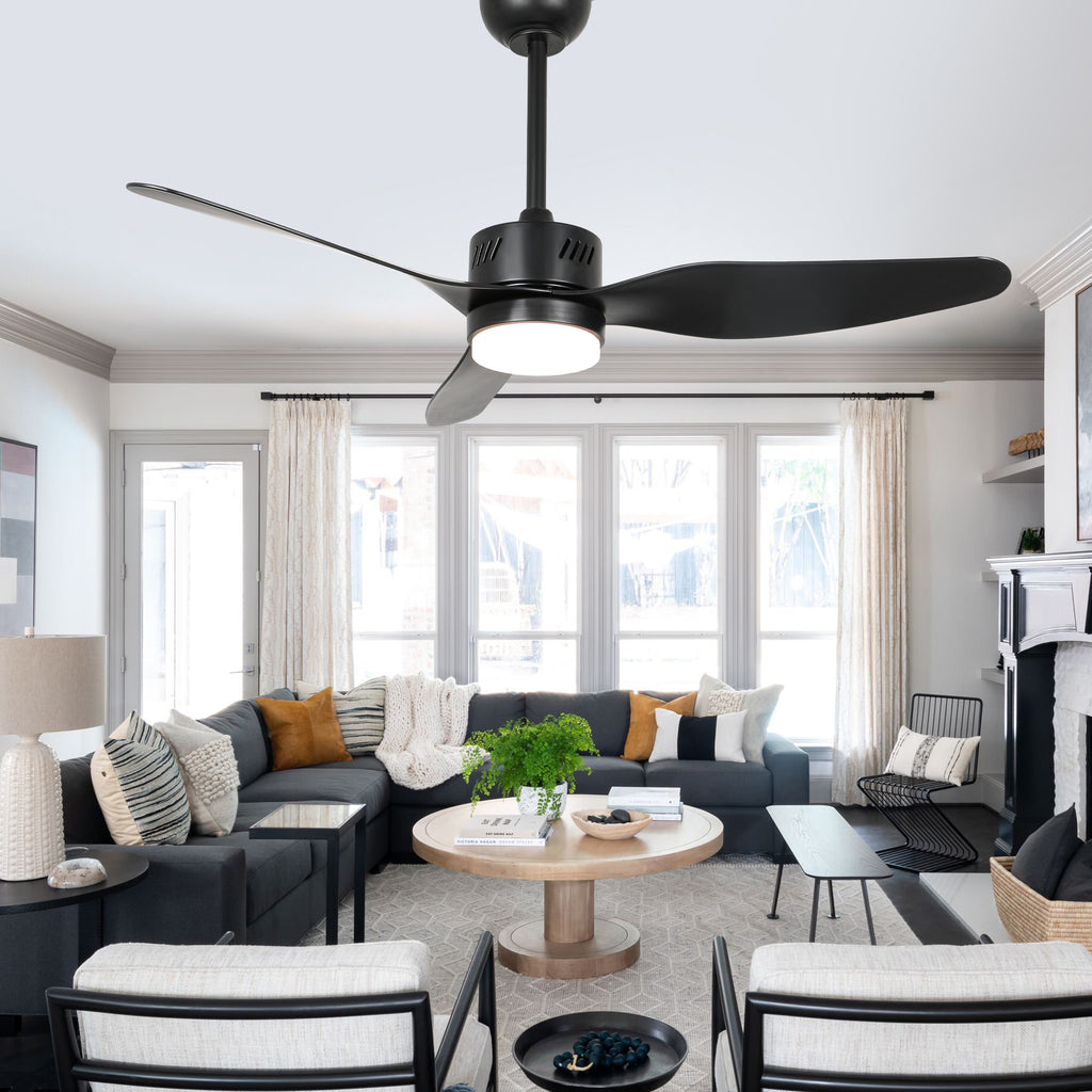 46 Inch Black Modern Ceiling Fan with LED Light and Remote, 6 Speeds 3-Blade DC Motor Reversible Ceiling Fan for Living Room
