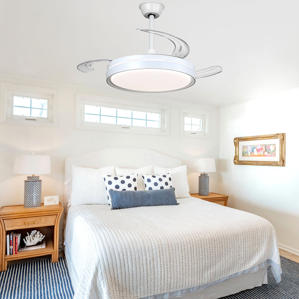 42 Inch Black/Gold/White Modern Retractable Ceiling Fan with LED Light and Remote, 6 Speeds DC Motor Bladeless Ceiling Fan for Bedroom
