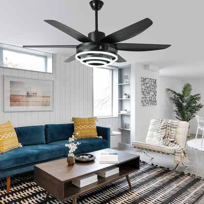 GED5614-BellaDepot 56" Modern Contemporary Black LED Ceiling Fan, 6 Speeds Ceiling Fan with Light Remote Control for All Seasons