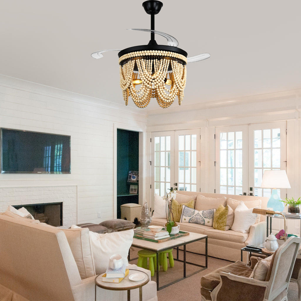 42 Inch Black/Gold/White Boho Retractable Ceiling Fan with Lights and Remote, 6 Speeds DC Motor Bladeless Ceiling Fan with Wood Beaded Shade