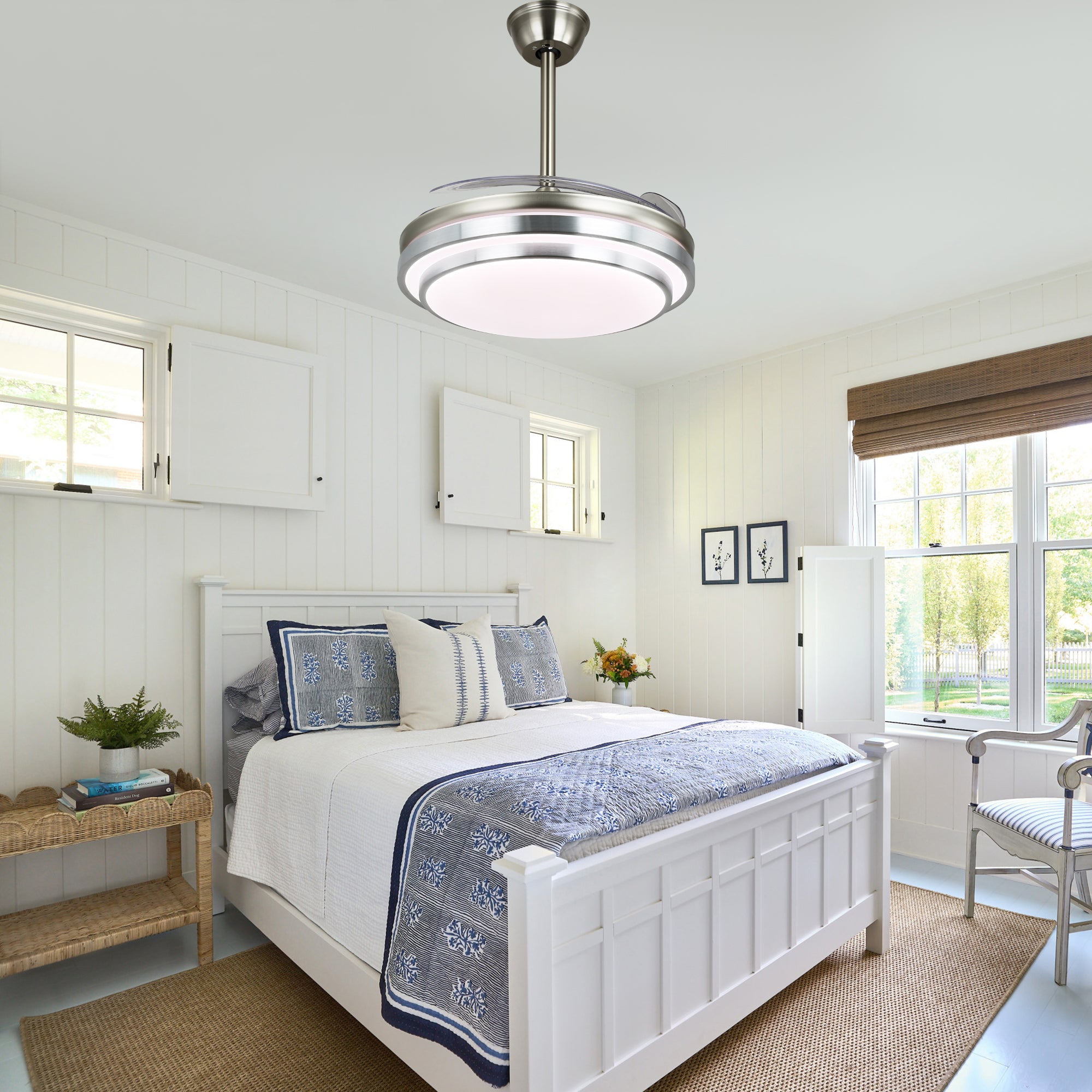 42 Inch Chrome Modern Retractable Ceiling Fan with Dimmable LED Light and Remote, 6 Speeds DC Motor Reversible Fandelier Ceiling Fan