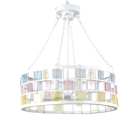 BD4084-W-18" Modern Colorful Accents White Metal Caged Chandelier, Pendant Light, with Adjustable Chain and 6 Lights