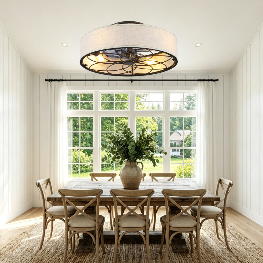 20 Inch Farmhouse Enclosed Fabric Shade Low Profile Bladeless Ceiling Fan with Remote Control, 6 Speed DC Motor Reversible Ceiling Fan