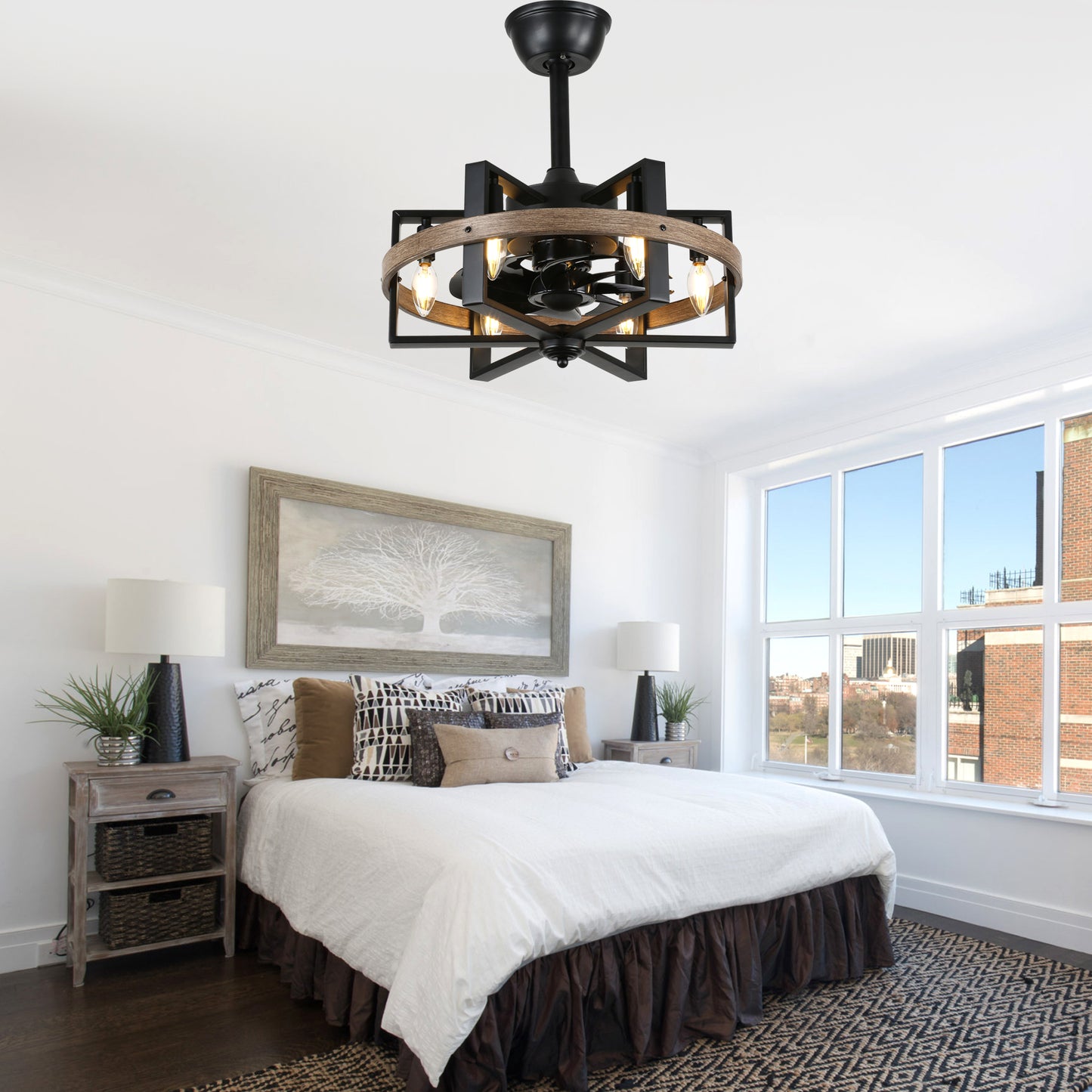 BD1811-BR-BellaDepot 18.5" Industrial Wood Grain Reversible Caged Ceiling Fan with Remote and 6 Lights