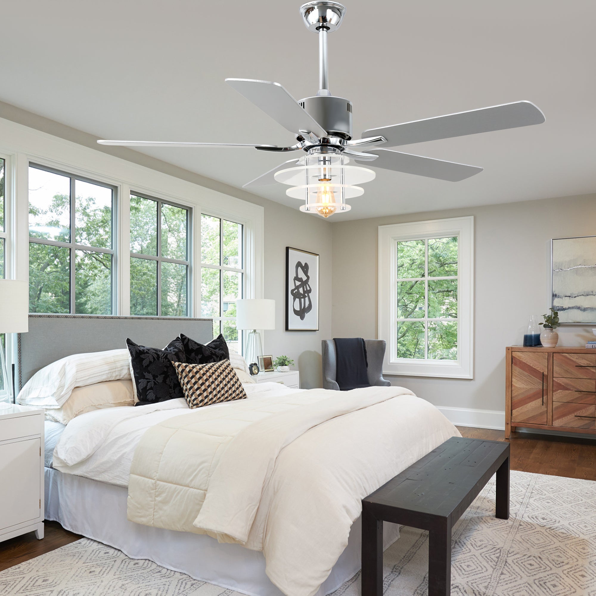 DC5222-B/C-BellaDepot 52" Modern Black or Chrome Acrylic Shade Ceiling Fan with Remote Control, 5 Blades Standard Ceiling Fan with Lights