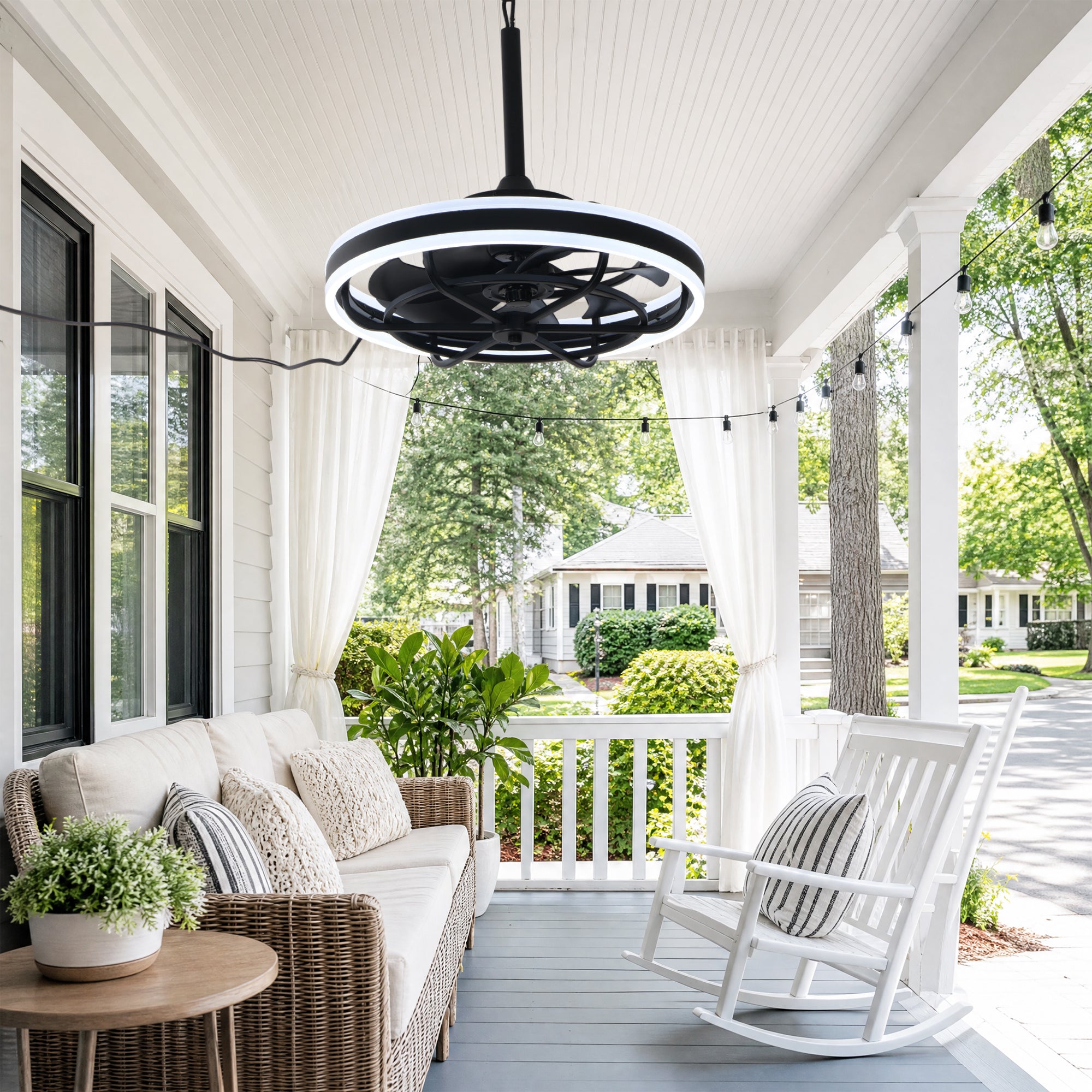 20 Inch Modern Smart Outdoor Caged Ceiling Fan with Dimmable LED Light, DC Motor 6 Speeds Waterproof Plug In Ceiling Fan