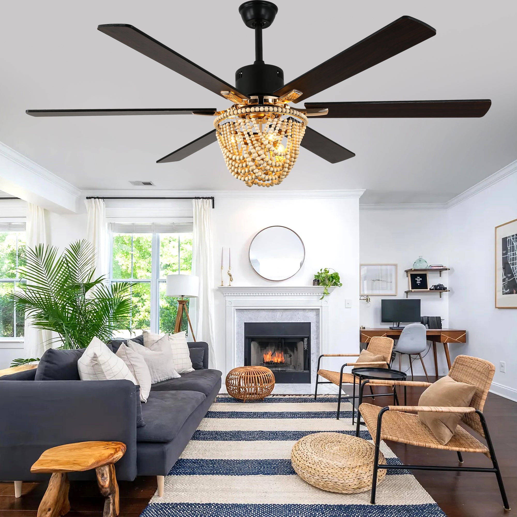 DC6508-BellaDepot 65" Wood Bead Cottage Large Size Ceiling Fan with Remote Control, Silent Motor 6 Speeds Straight Leaf Fan with 3 Lights