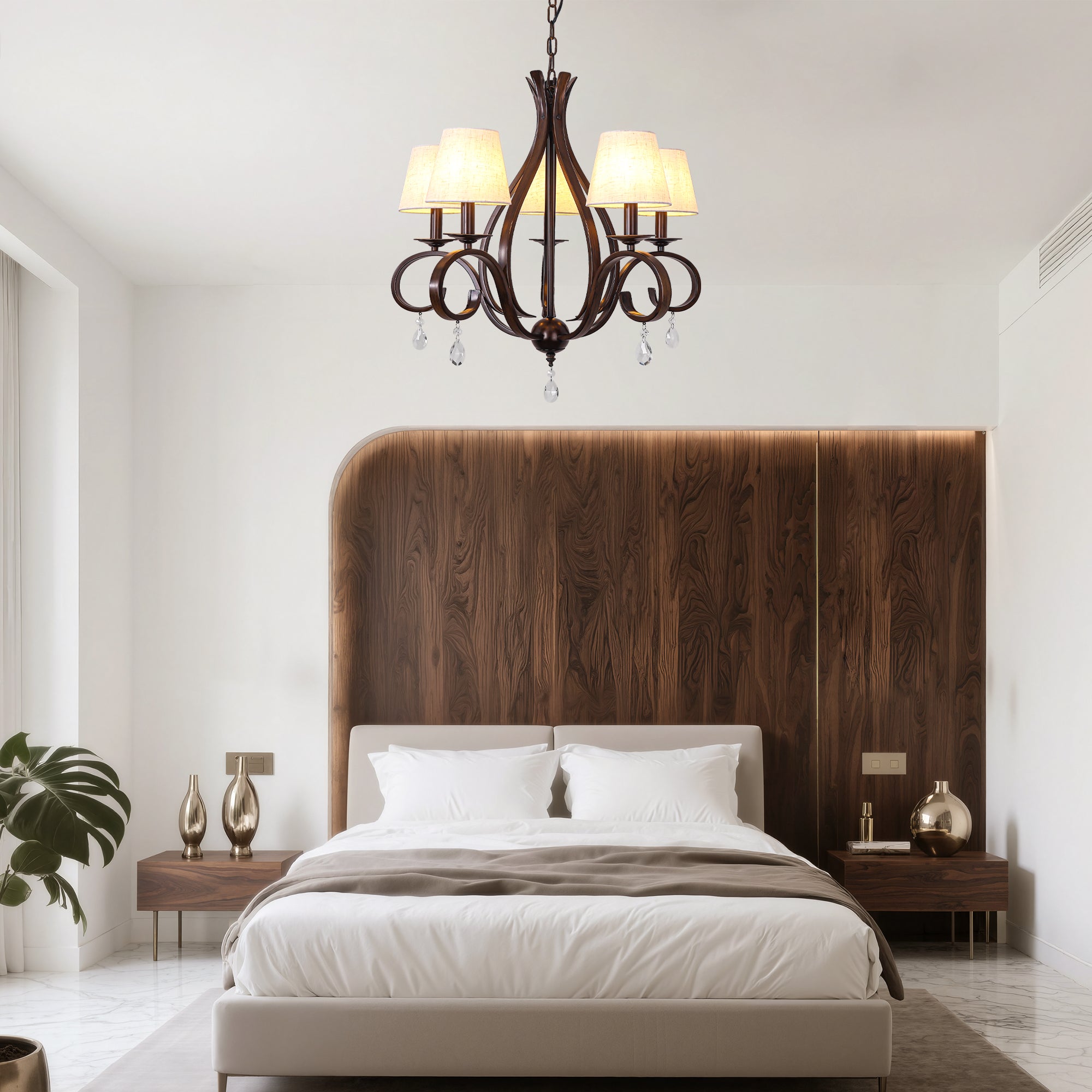 5 - Light Aged Brass Traditional Chandelier, Rustic Bronze Farmhouse Chandelier with Fabric Shades Candle Style Classic Chandelier for Living Room