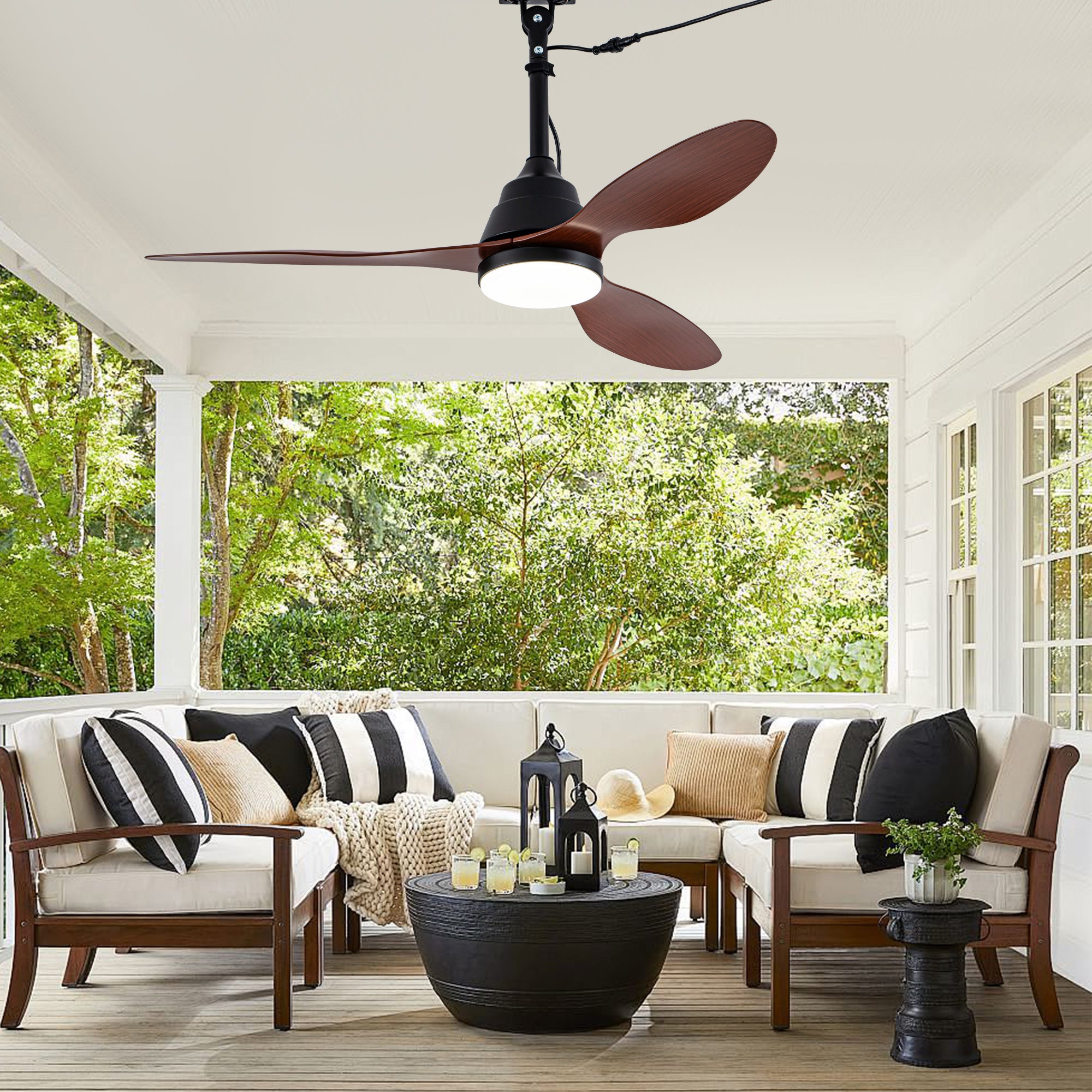 42 Inch Modern Farmhouse Smart Outdoor Ceiling Fan with Dimmable LED and Remote, 6-Speed 3-Blade Waterproof Ceiling Fans Plug In Outside Patio Fan