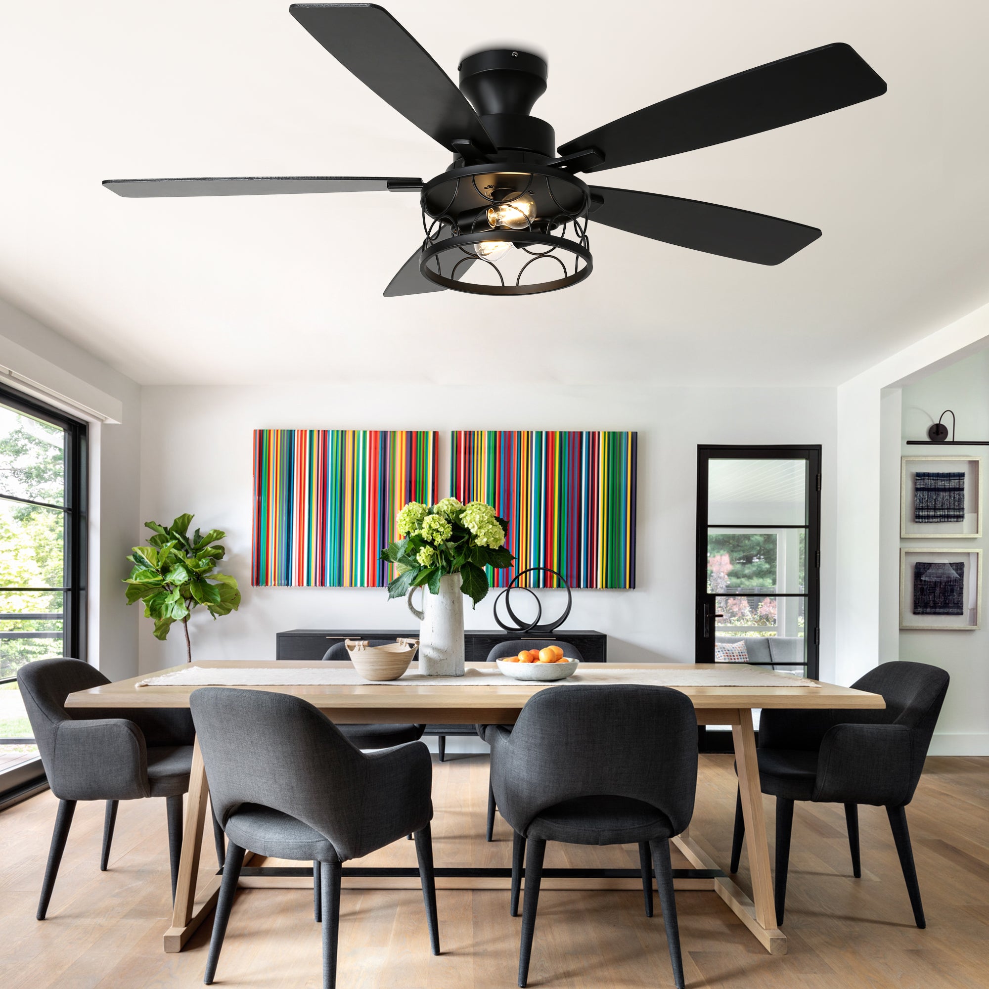 52 Inch Black Farmhouse Industrial Flush Mount Ceiling Fan with Lights and Remote, 6 Speeds DC Motor Reversible Low Profile Ceiling Fan