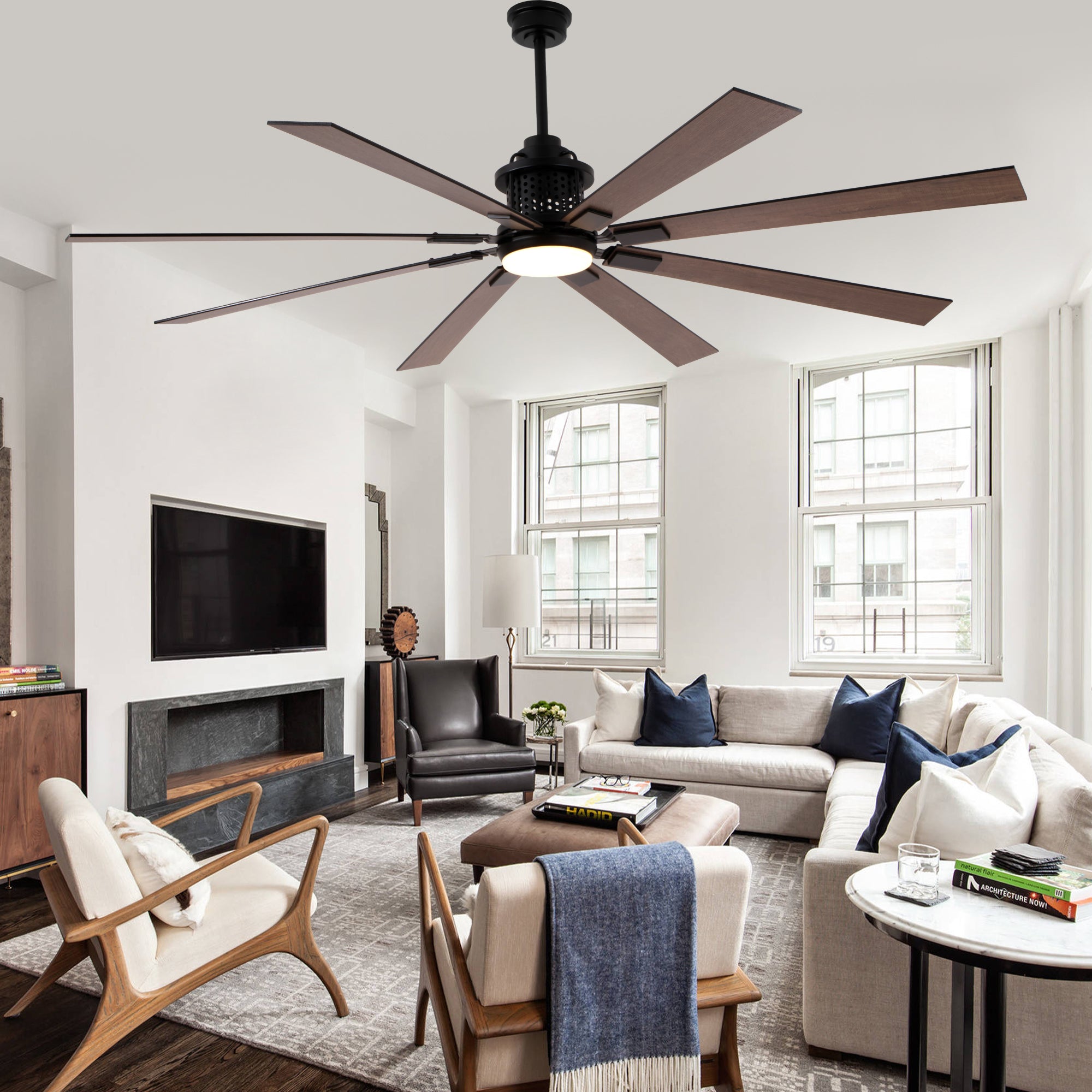 80 Inch Black Industrial Extra Large Ceiling Fan with LED Light and Remote, 6 Speeds DC Motor Reversible Ceiling Fan for Large Room