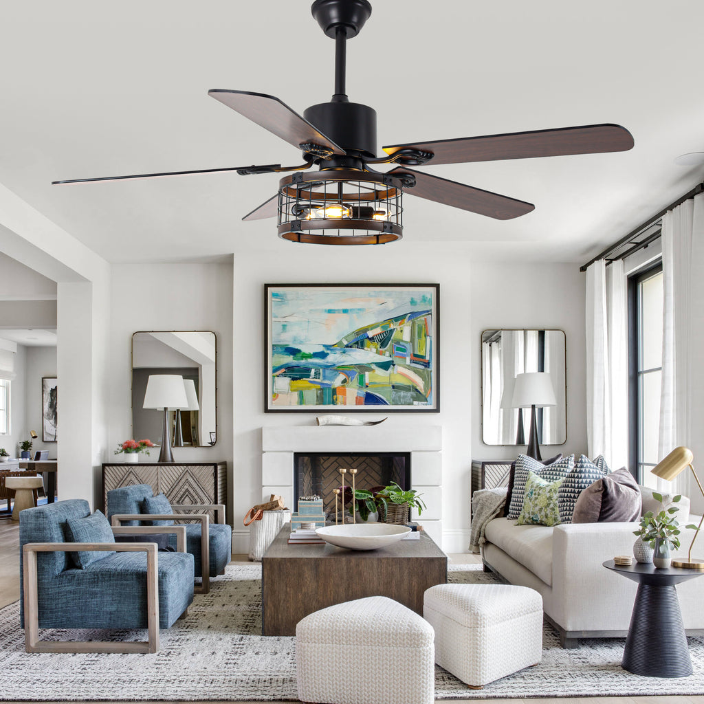 52 Inch Industrial Farmhouse Ceiling Fan with Lights and Remote Control, 6 Speeds Reversible Caged Ceiling Fan for Living Room