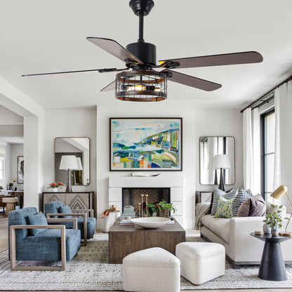 BellaDepot 52" Farmhouse Brown Caged Ceiling Fan with Remote Control, 5 Blades Standard Ceiling Fan with Lights - DC5220