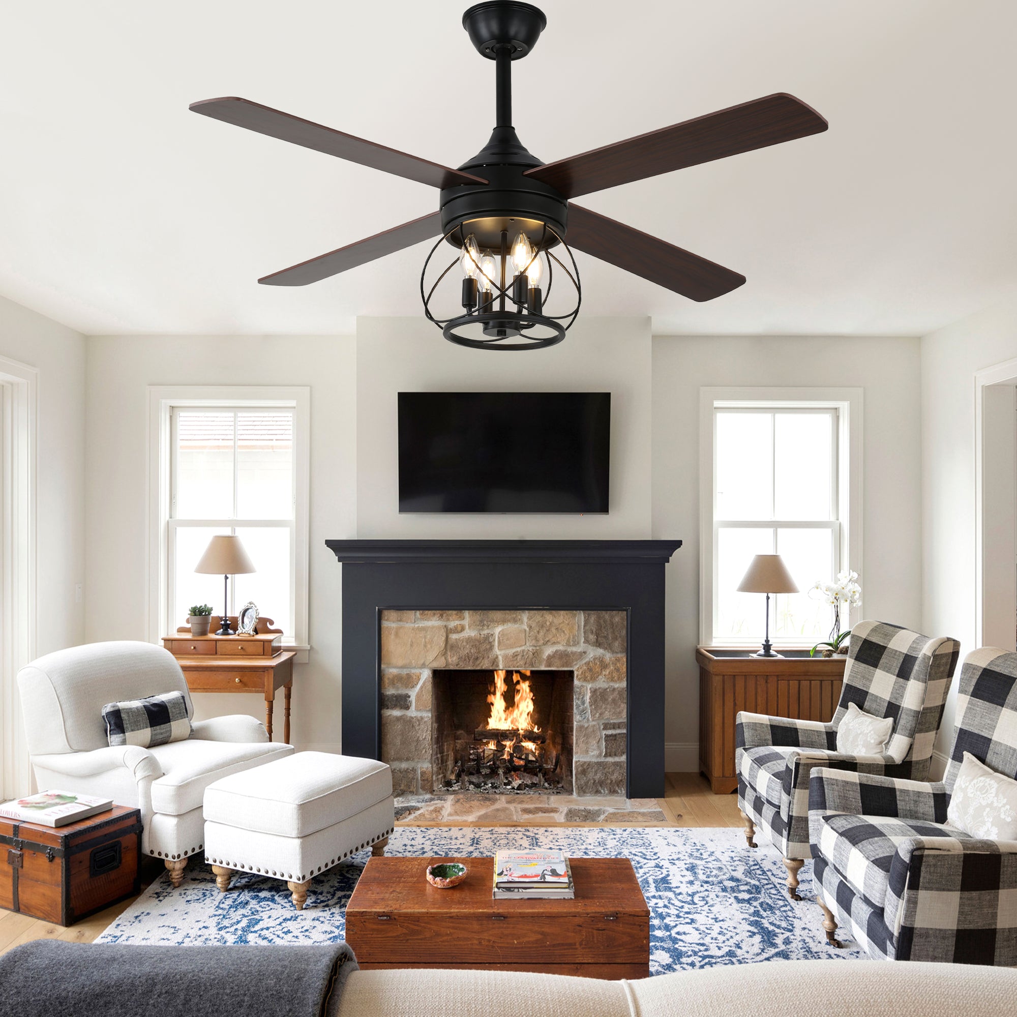 52 Inch Rustic Black Ceiling Fan with Lights and Remote, 6-Speed DC Motor Reversible Farmhouse Industrial Ceiling Fan