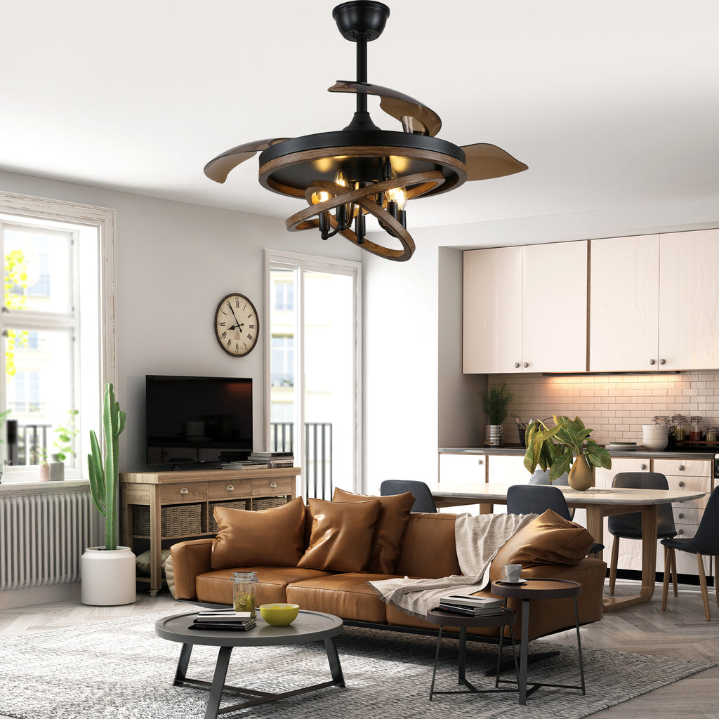 42 Inch Black Farmhouse Retractable Ceiling Fan with Lights and Remote Control, 6 Speeds Reversible Fandelier Ceiling Fan with DIY Shade