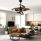 42 Inch Black Farmhouse Retractable Ceiling Fan with Lights and Remote Control, 6 Speeds Reversible Fandelier Ceiling Fan with DIY Shade
