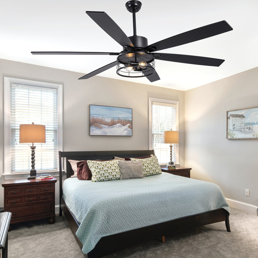 65 Inch Black Modern Industrial Ceiling Fan with Lights and Remote Control,6 Speeds Reversible Ceiling Fan for Large Rooms