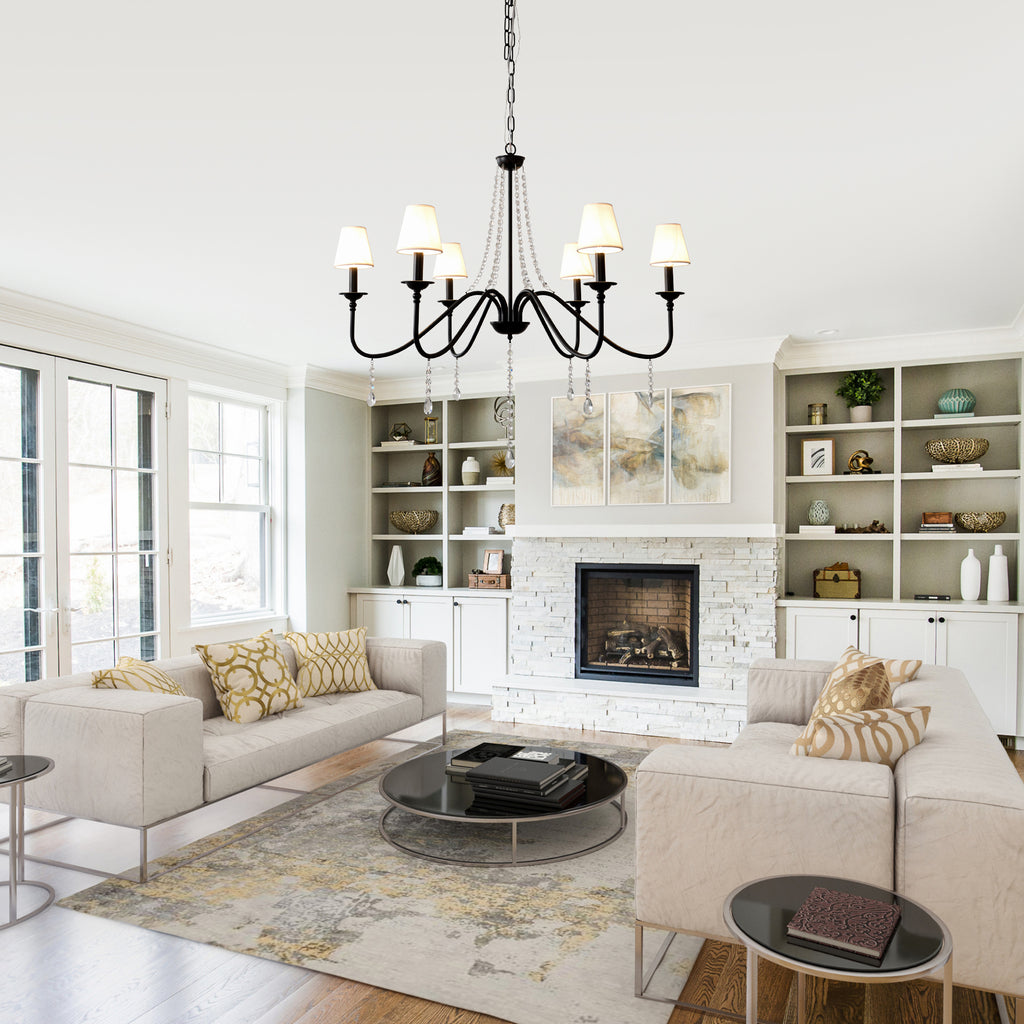 6-Light Classic Crystal Chandelier 34.7 Inch Traditional Chandelier Pendant Light Fixture with Fabric Shade