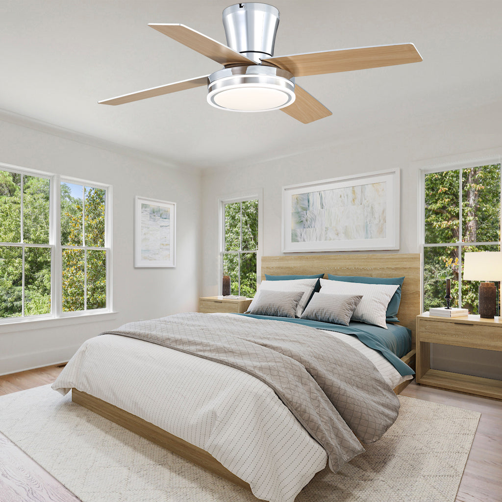 44 Inch Black/Chrome Modern Flush Mount Ceiling Fan with Dimmable LED Lights and Remote, 6 Speeds DC Motor Low Profile Ceiling Fan
