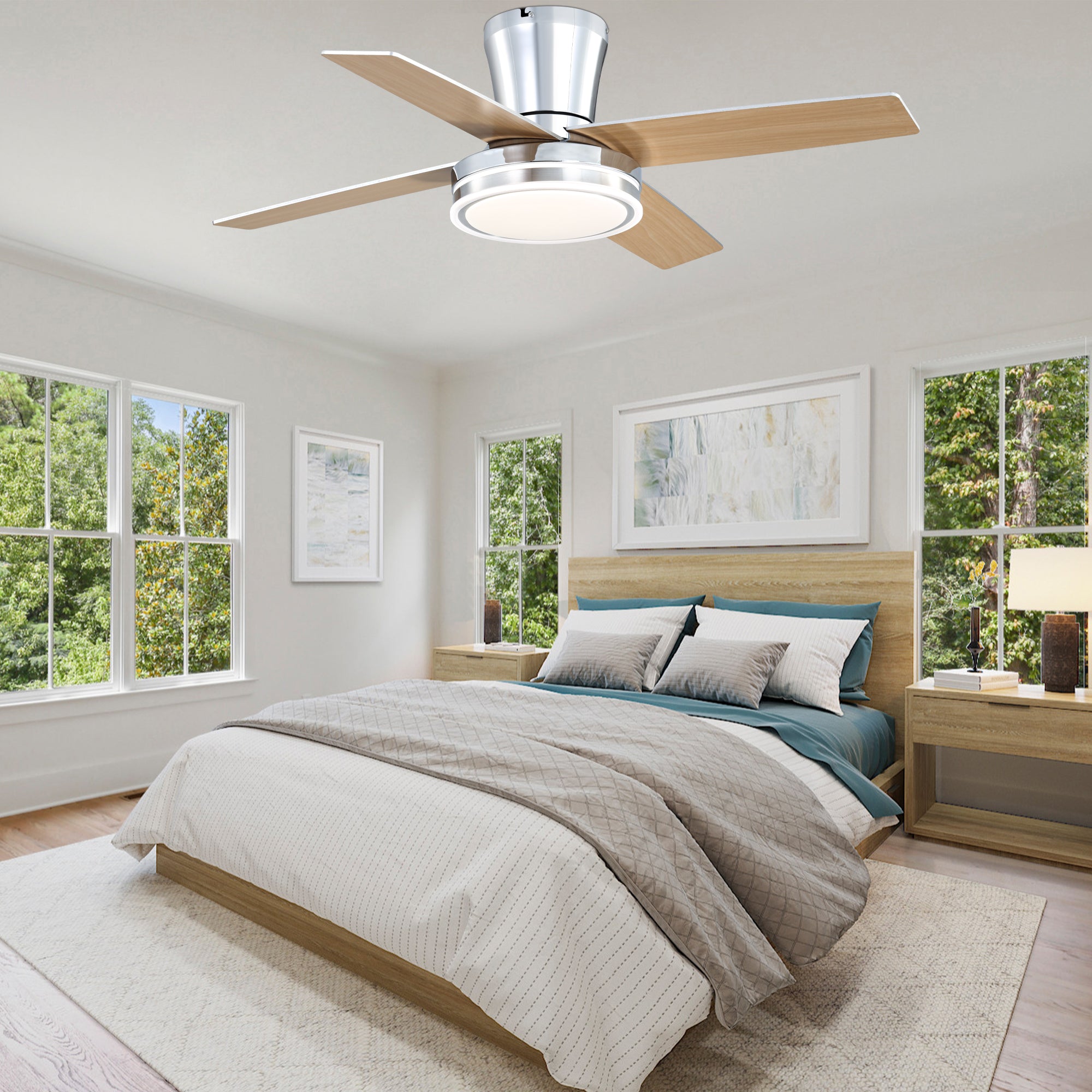44 Inch Black/Chrome Modern Flush Mount Ceiling Fan with Dimmable LED Lights and Remote, 6 Speeds DC Motor Low Profile Ceiling Fan