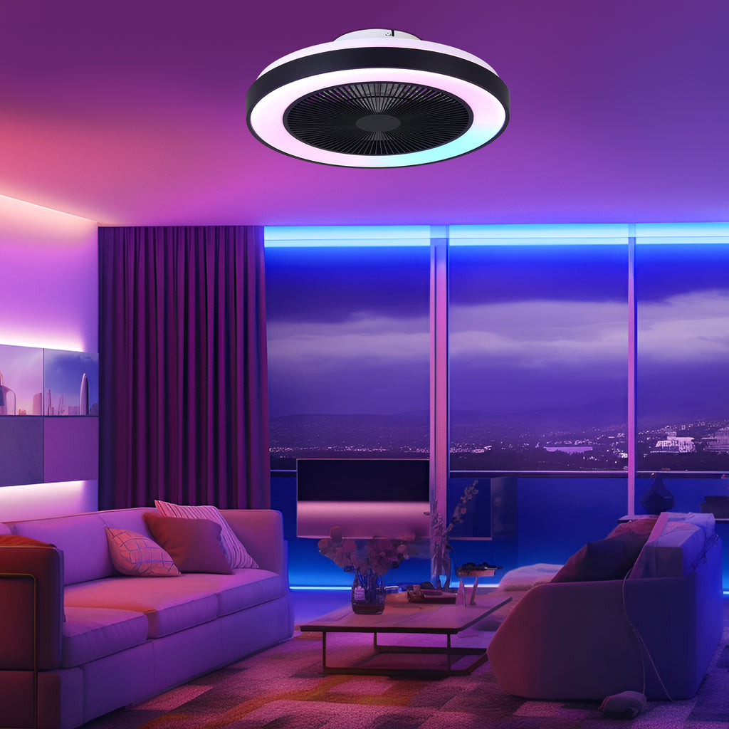 19 Inch Modern Smart Flush Mount Ceiling Fan with Dimmable LED Light and Remote, 6 Speeds DC Motor Bladeless Ceiling Fan for Low Profile with RGB Light