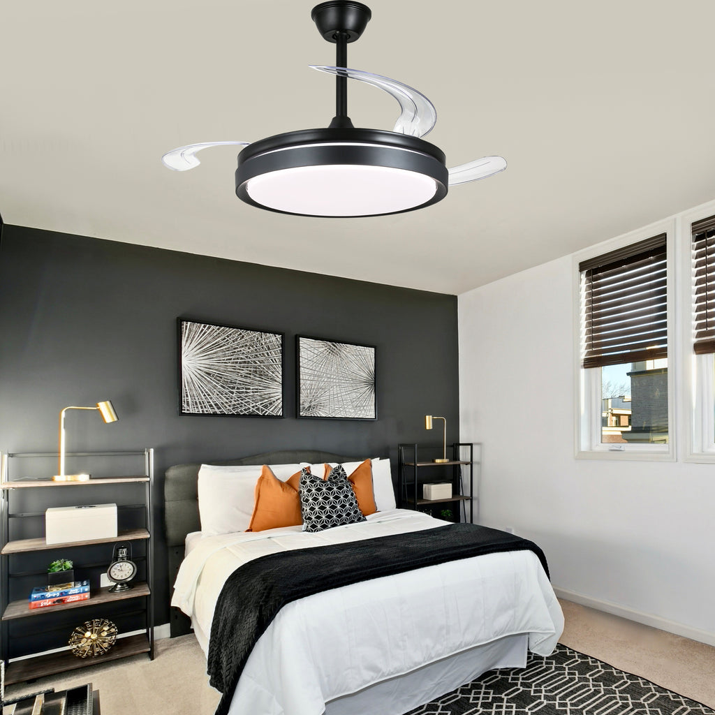 42 Inch Black/Gold/White Modern Retractable Ceiling Fan with LED Light and Remote, 6 Speeds DC Motor Bladeless Ceiling Fan for Bedroom