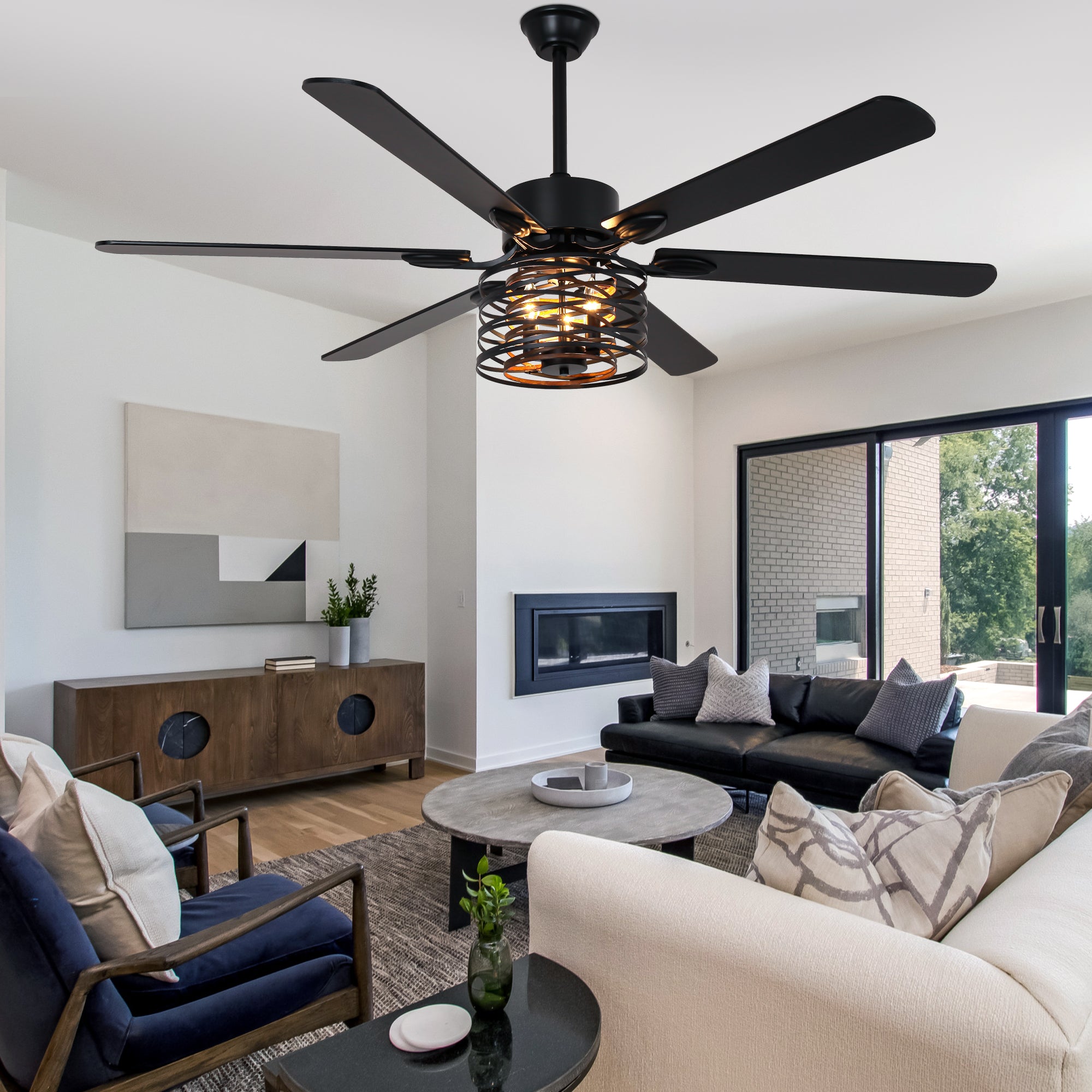 65 Inch Black Caged Large Ceiling Fan with Lights and Remote Control, 6 Speeds DC Motor Farmhouse Ceiling Fan for Large Rooms